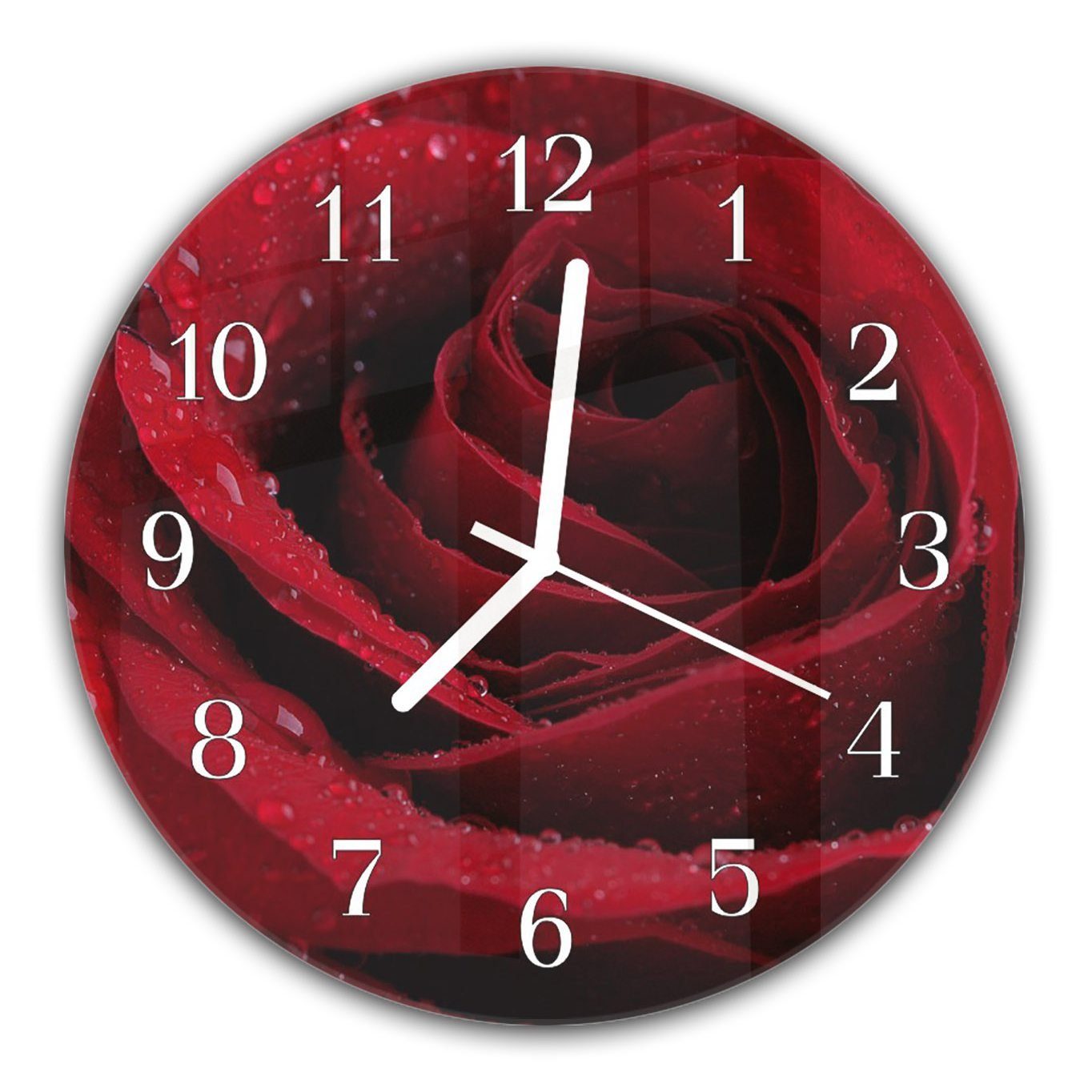 Primedeco Wanduhr Wanduhr aus Glas mit Motiv Rote Rose - Rund mit Durchmesser 30 cm und Quarzuhrwerk