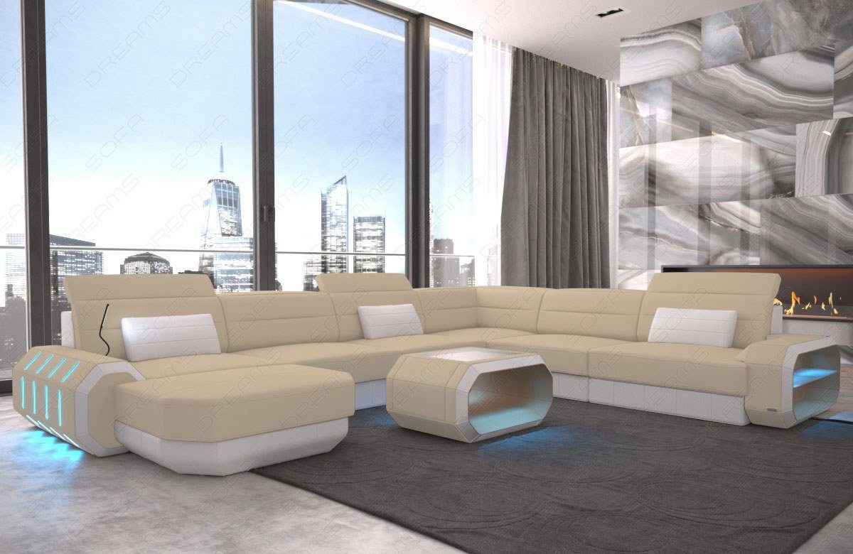 wahlweise Sofa M beige-weiß mit Stoff XXL Couch Dreams Stoffsofa, Designer Bettfunktion Wohnlandschaft Mikrofaser Roma Polster Sofa