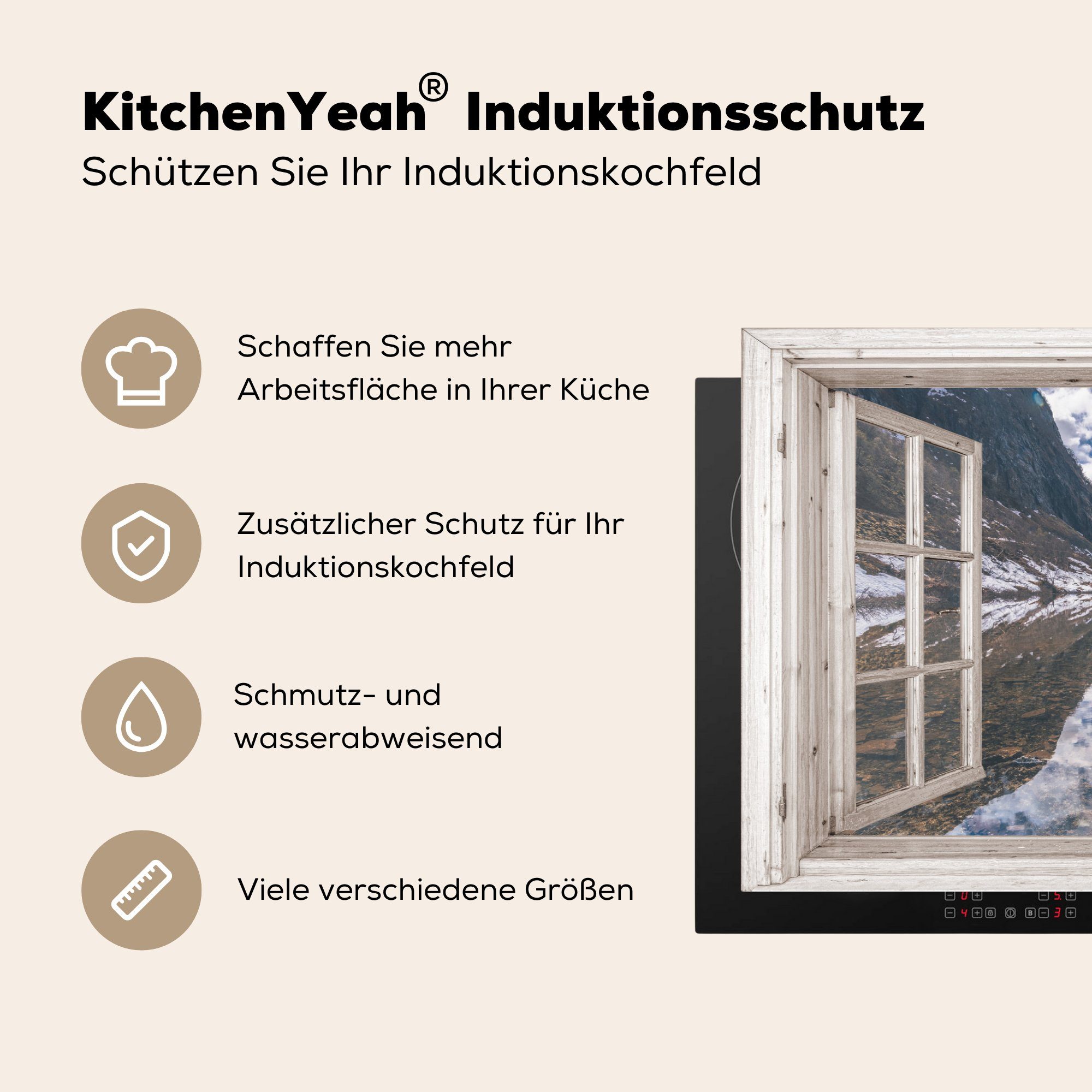 MuchoWow Herdblende-/Abdeckplatte Induktionskochfeld Berge Stein, für Durchblick (1 Ceranfeldabdeckung tlg), Vinyl, Schutz cm, - - die 81x52 küche