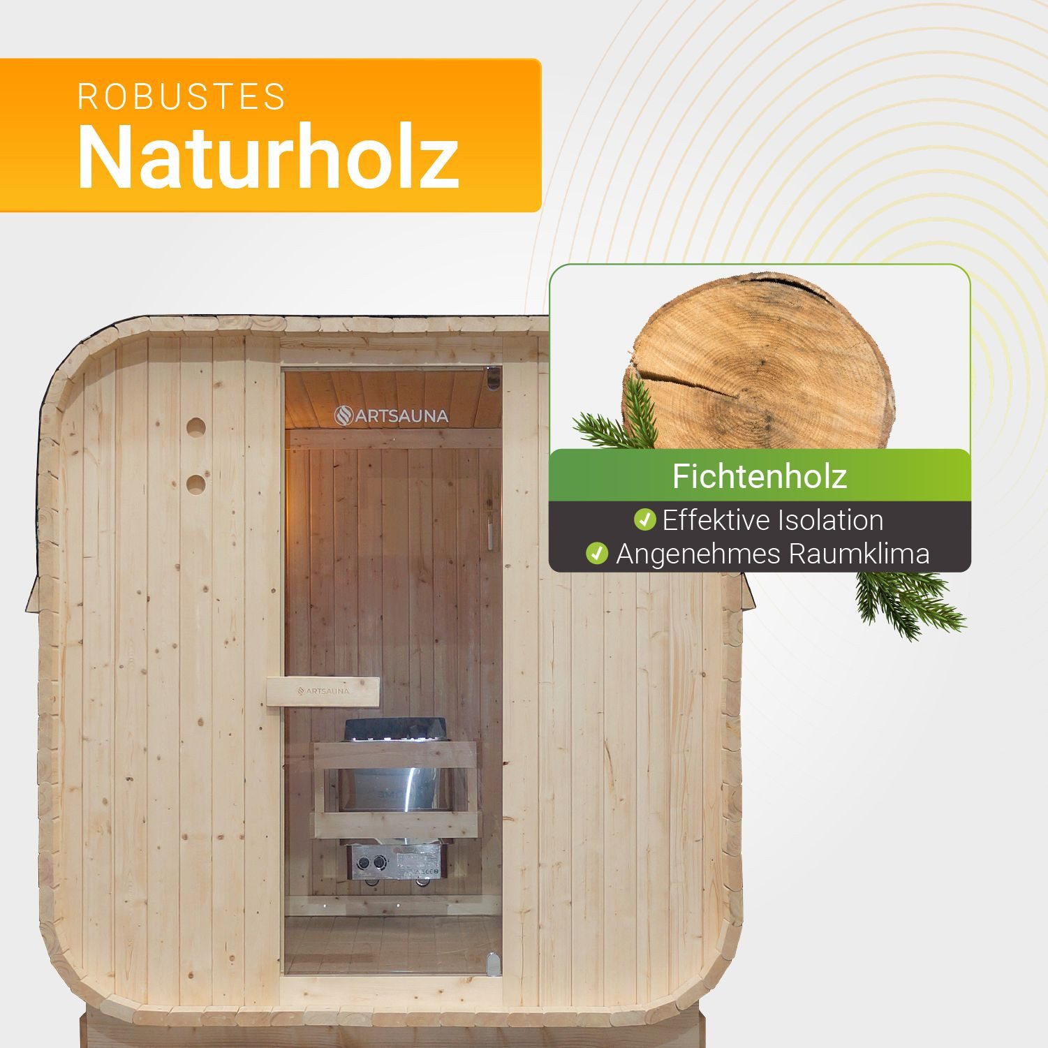 Artsauna Fasssauna Nolvik, BxTxH: 185 x 220 x 194 cm, 38 mm, Für 6 Personen, 8 kW Saunaofen, Fichtenholz, Zubehör-Set