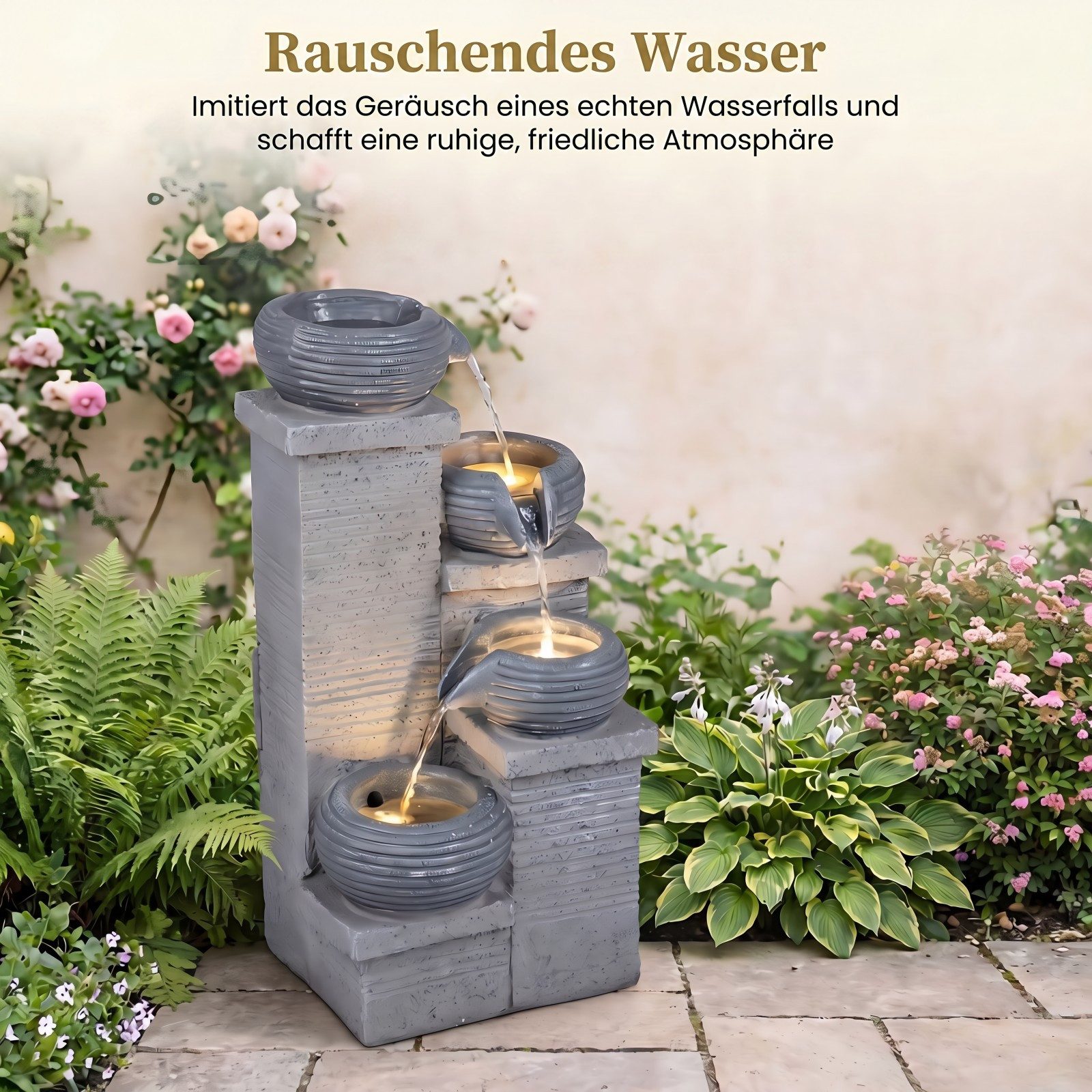 KOMFOTTEU Gartenbrunnen 4-stufiger Gartenbrunnen Wasserbrunnen, mit LED & Wasserfall, einstellbarer Pumpe – Bild 4 von 5
