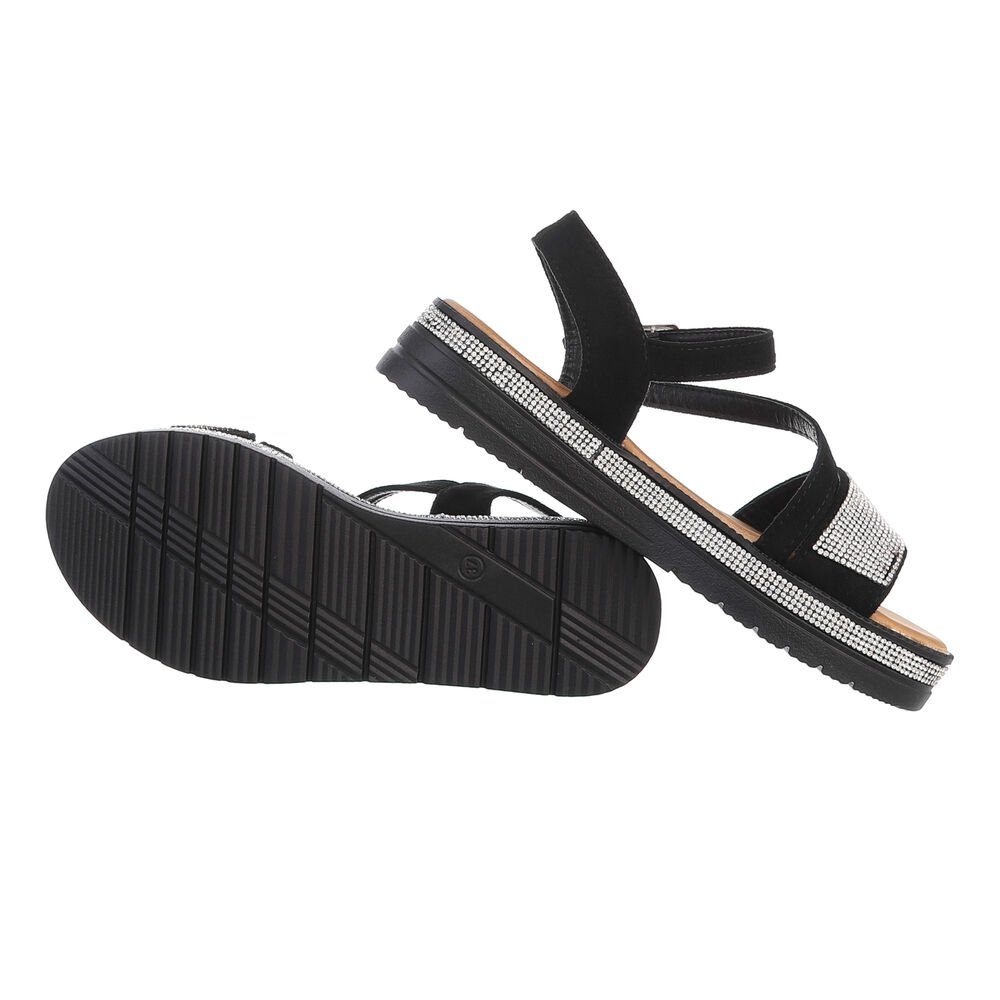 Ital-Design Damen Freizeit Riemchensandalette Flach Schwarz in Plateausandaletten