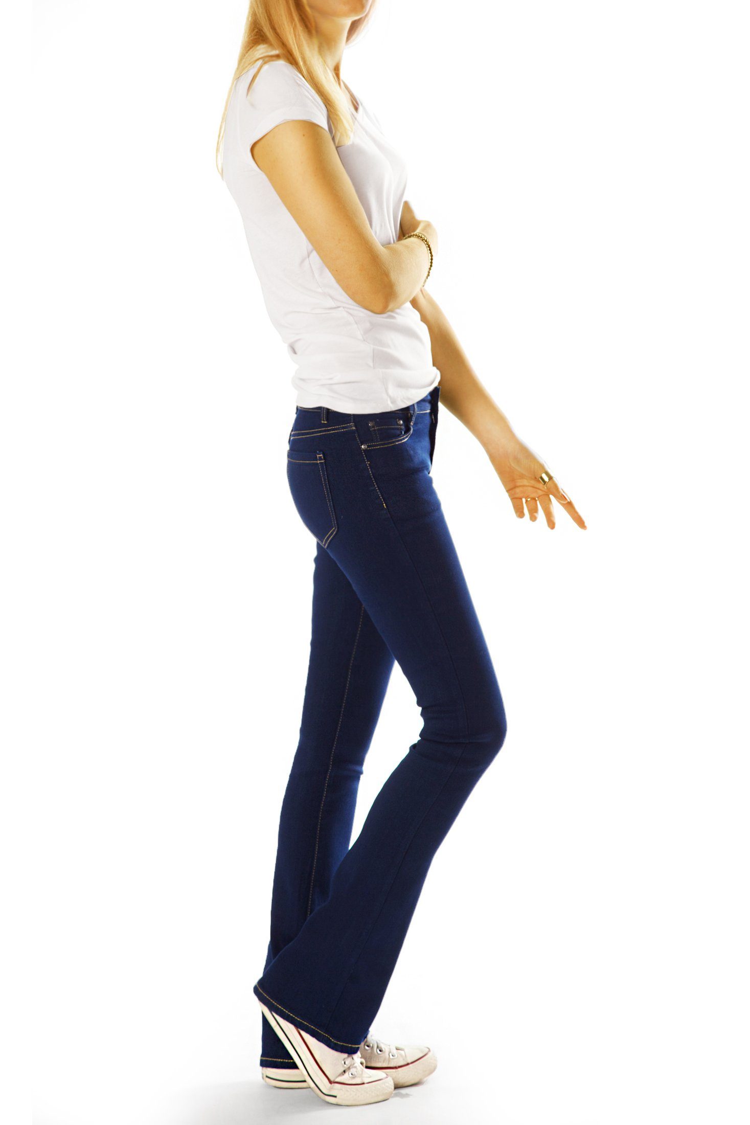 Hüftjeans Damen Stretchjeans Stretch-Anteil, Bootcut 5-Pocket-Style Jeanshose schwarz - be mit Bootcut-Jeans -j18g styled
