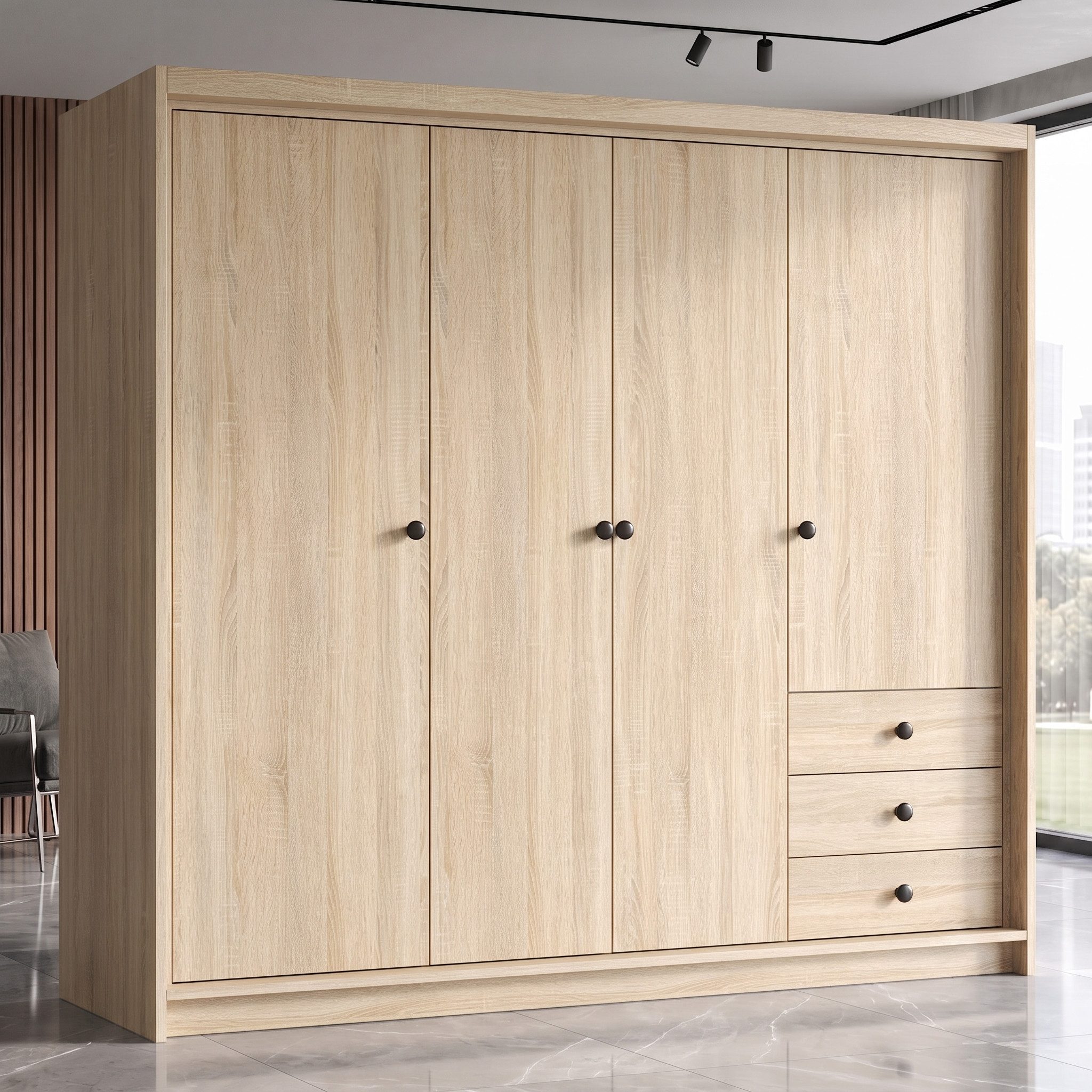 A&J MöbelLand GmbH Drehtürenschrank FALKEN– viertüriger Kleiderschrank 200 cm (Geräumiger viertüriger Kleiderschrank mit Schubladen. Geräumiger Schrank mit einer Breite von 200 cm und Schubladen, ideal zur Aufbewahrung von Kleidung und Accessoires. Viel Stauraum. TOP PRODUKT! Wählen Sie das ideale Modell für Ihr Schlafzimmer!, TOP ANGEBOT) Breite: 200 cm, Höhe: 215 cm, Tiefe: 59,5 cm