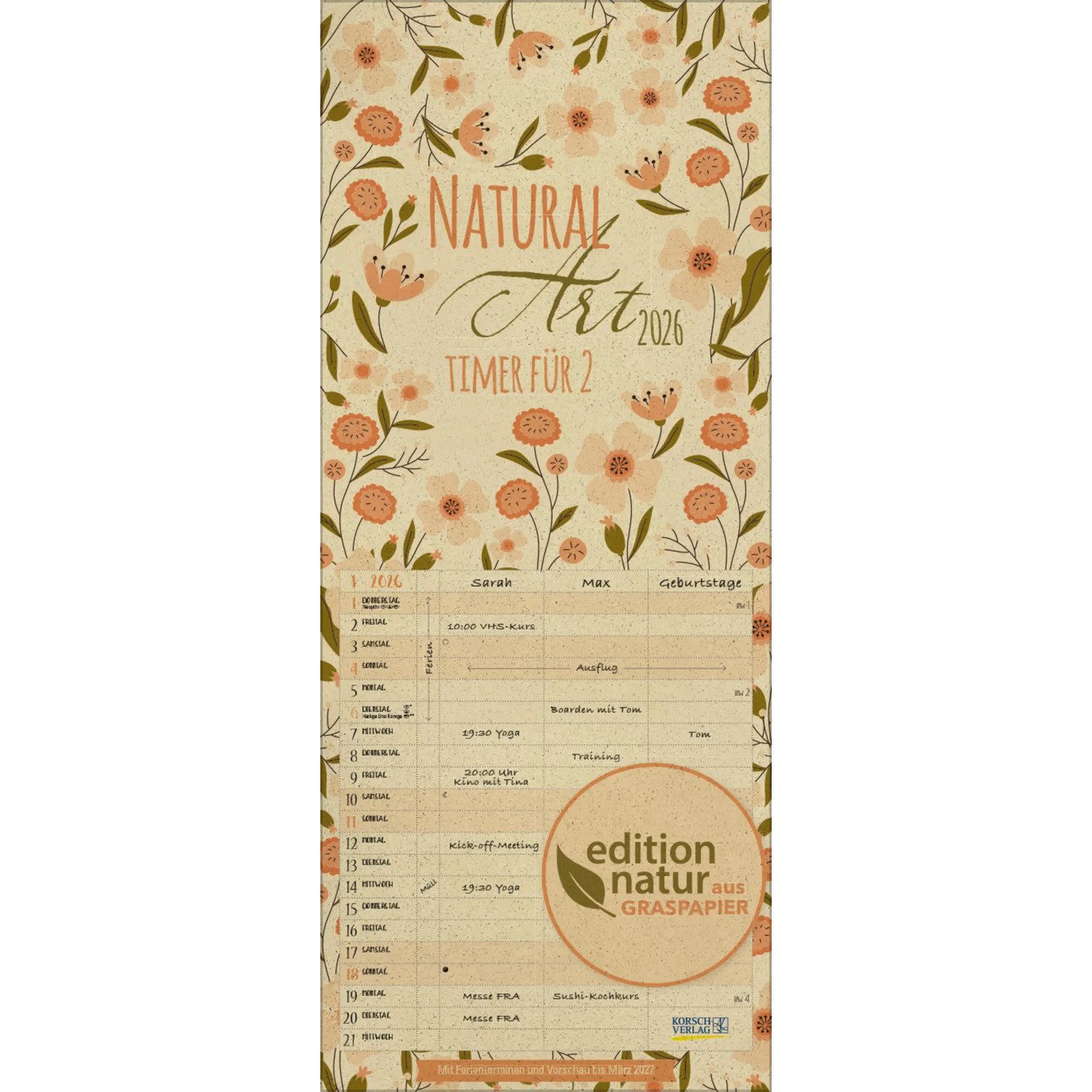 Korsch Verlag Wandkalender Natural Art Timer für 2 Graspapier 2026
