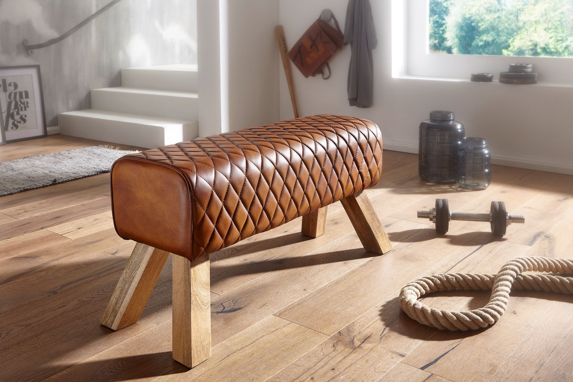 Wohnling Hockerbank Sitzbank Echtleder / Massivholz 89cm Springbock Flurbank Lederbank Ban (Echtleder / Massivholz 89x46x35 cm, Turnbock), Sitzbank Modern, Flurbank Lederbank Braun