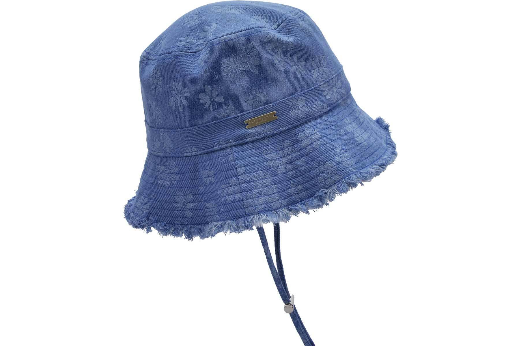 Sonnenhut Jeansstoff Fischerhut mit Blumenmuster und Fransenkante 55757-1
