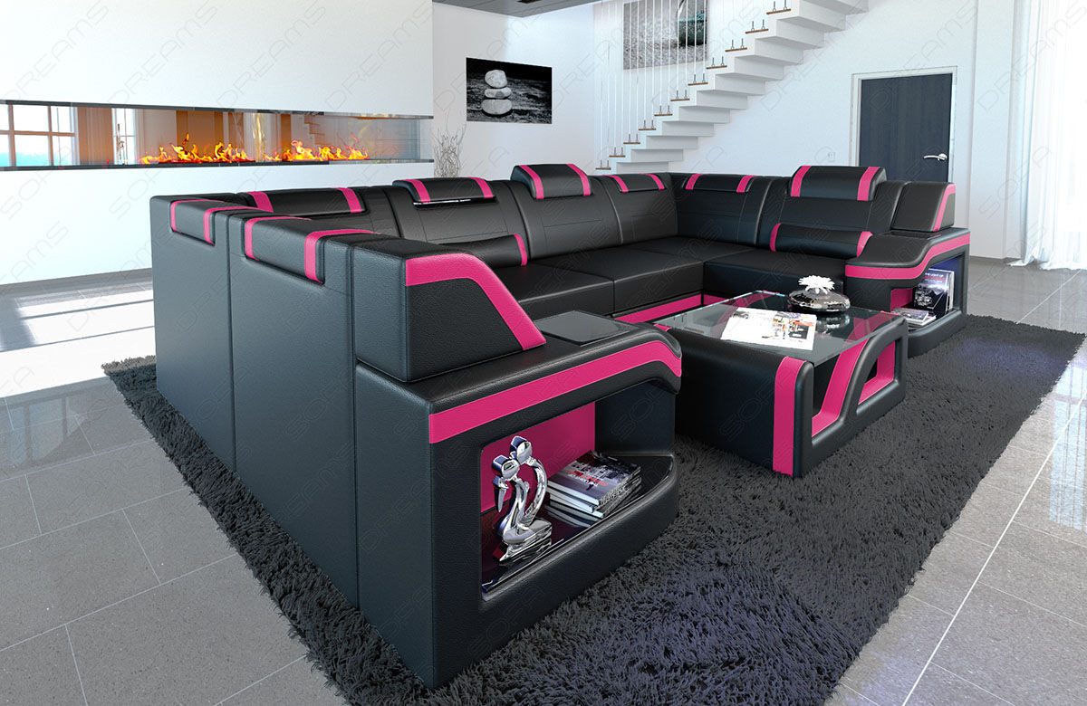 Sofa Dreams Wohnlandschaft Ledersofa Padua U Form Mini, Designersofa, Sofa mit Beleuchtung und USB