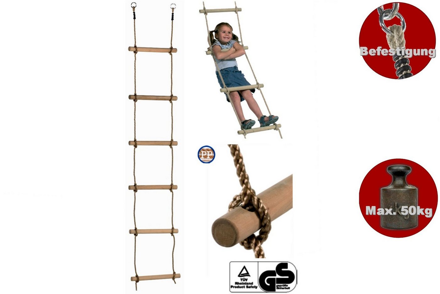 Loggyland Strickleiter mit Holzsprossen in verschiedene Längen, mit Stahlringen und weichen Seilverbindern
