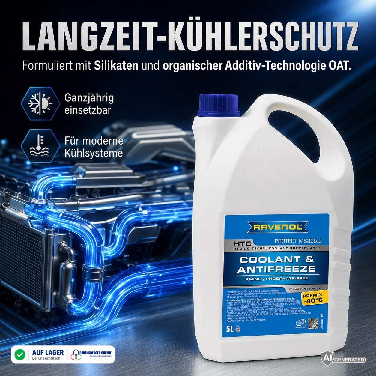 Ravenol Kühlerfrostschutz HTC Premix -40°C Protect MB 325.0 Kühlmittel Fertigmischung Blau, 5 l, 5L Kühlmittel Premix – MB 325.0 – Frostschutz bis -40 °C – Bild 4 von 5