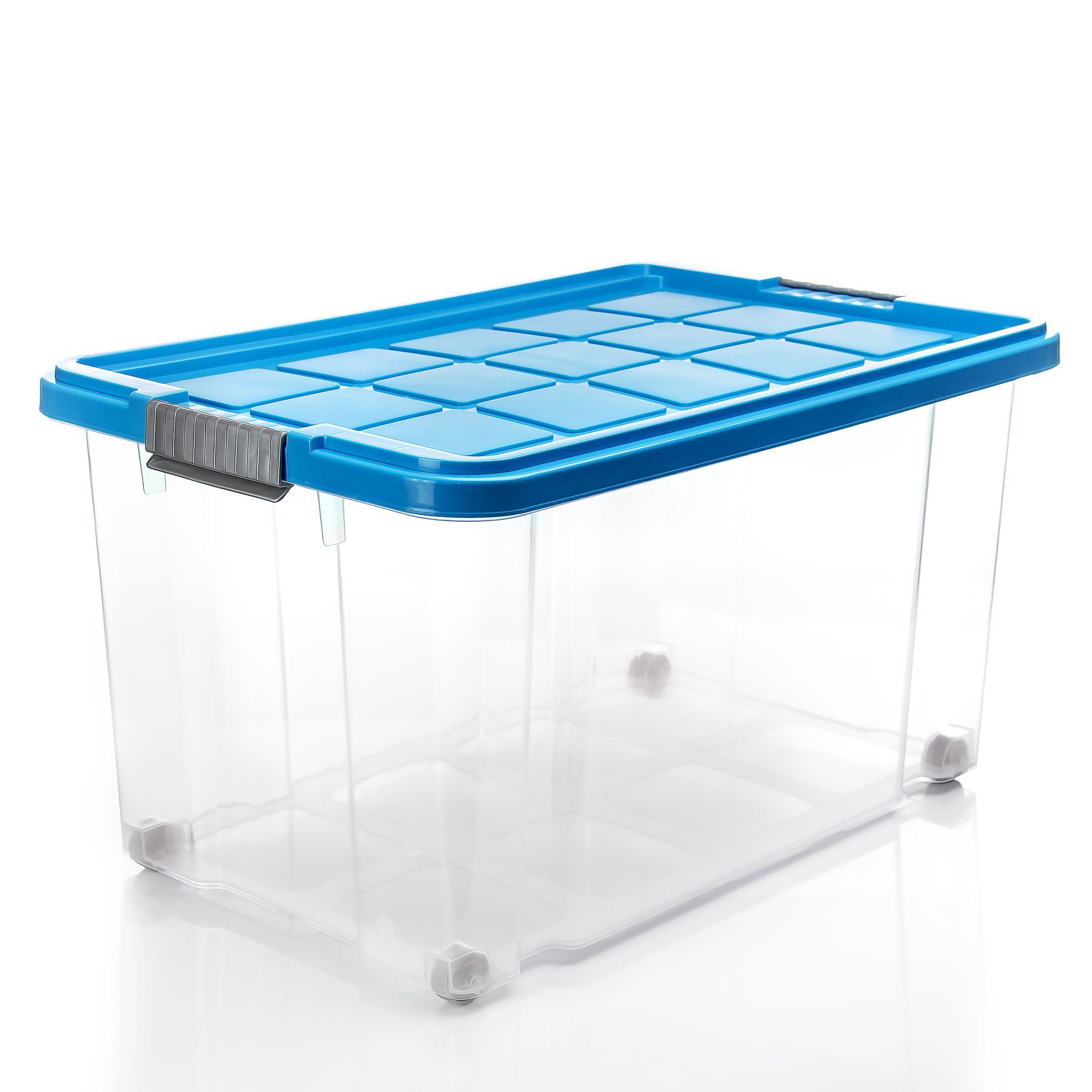 BigDean Aufbewahrungsbox 60 L mit Deckel groß – robuste Stapelbox rollbar mit Klickverschlüssen (Set, 2 St., Aufbewahrungsbox + Deckel + Rollen), Sicher Stapelbar, Platzsparend, Transparent, Rollen, Klickverschlüsse