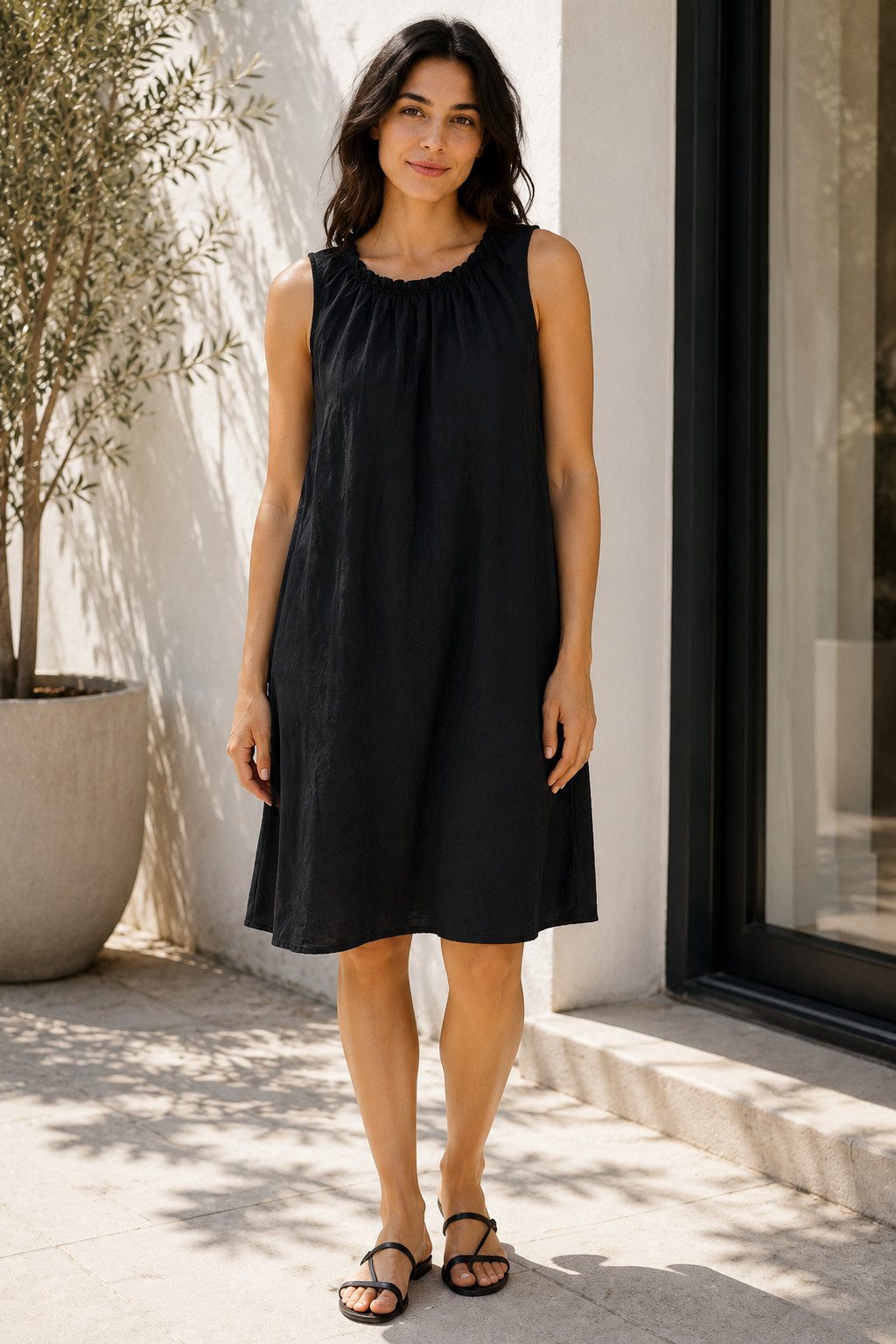 ITALY VIBES Sommerkleid - leichtes Viskosekleid mit gerafftem Kragen - Damen Kleid ONE SIZE - passend für Größen M bis XL