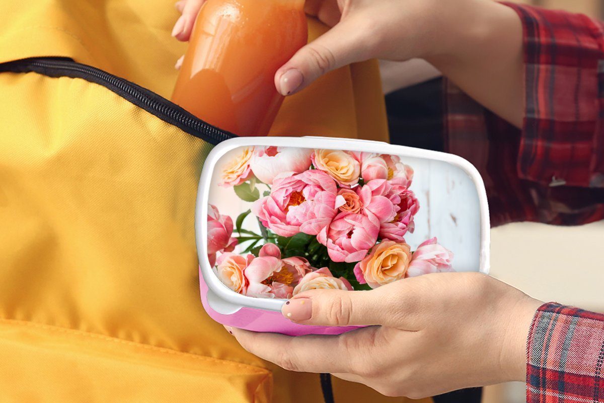 (2-tlg), Brotdose Kunststoff Lunchbox Orange, Erwachsene, MuchoWow Pfingstrose Brotbox Snackbox, Rosen - - für rosa Kunststoff, Kinder, Mädchen,