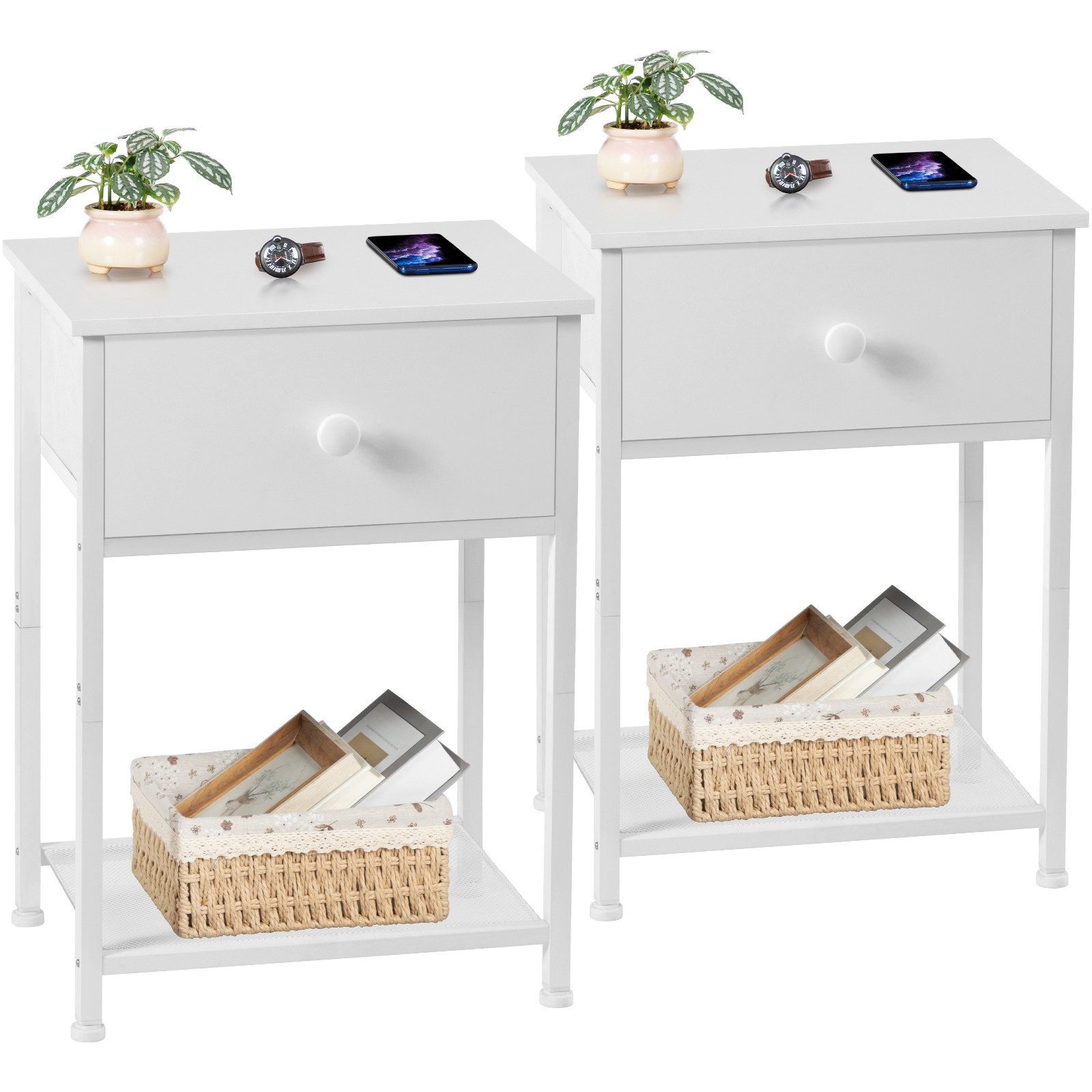 AMHANCIBLE Nachttisch 2er-Set im Industriestil, mit Schublade und offenem Ablagefach (2-St), Beistelltisch mit stabilem Metallrahmen, Maße 40×30×55 cm