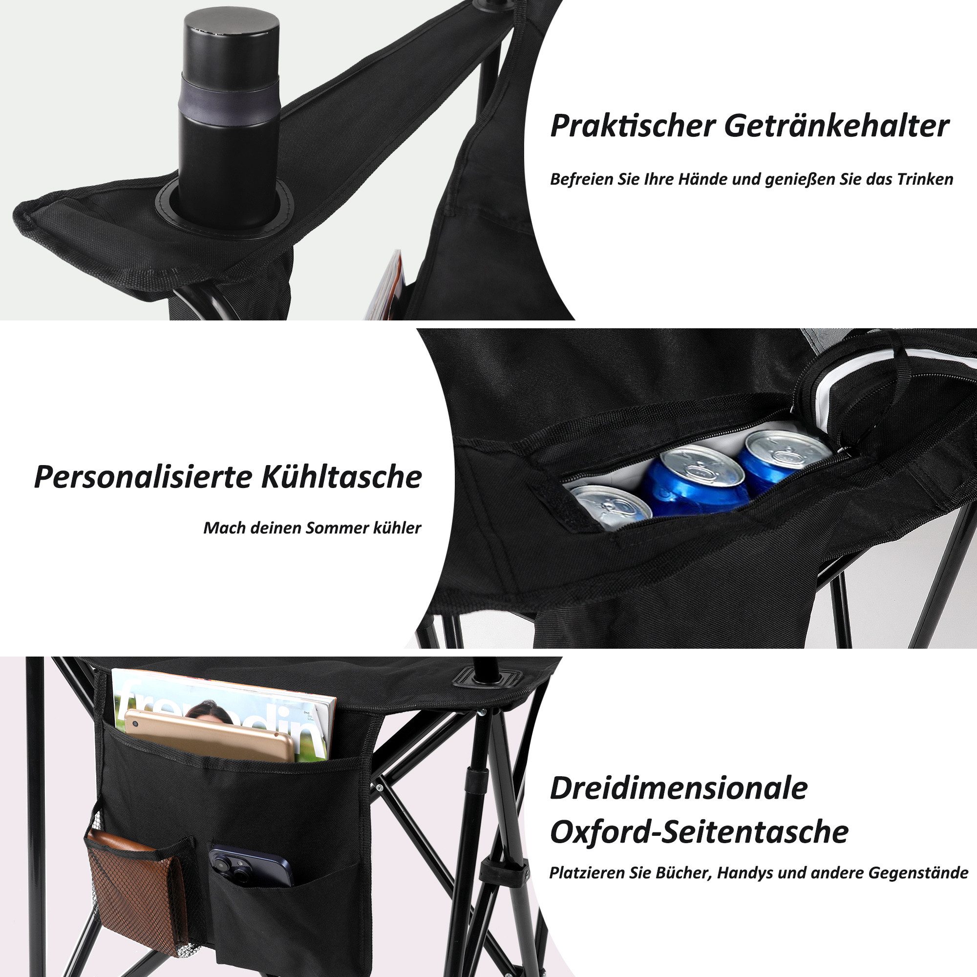 CALIYO Campingstuhl Faltstuhl mit Getränkehalter & Tragetasche Angelsessel (1 St), Klein pack mit Tasche Faltstuhl Anglerstuhl hohe Rückenlehne – Bild 5 von 5