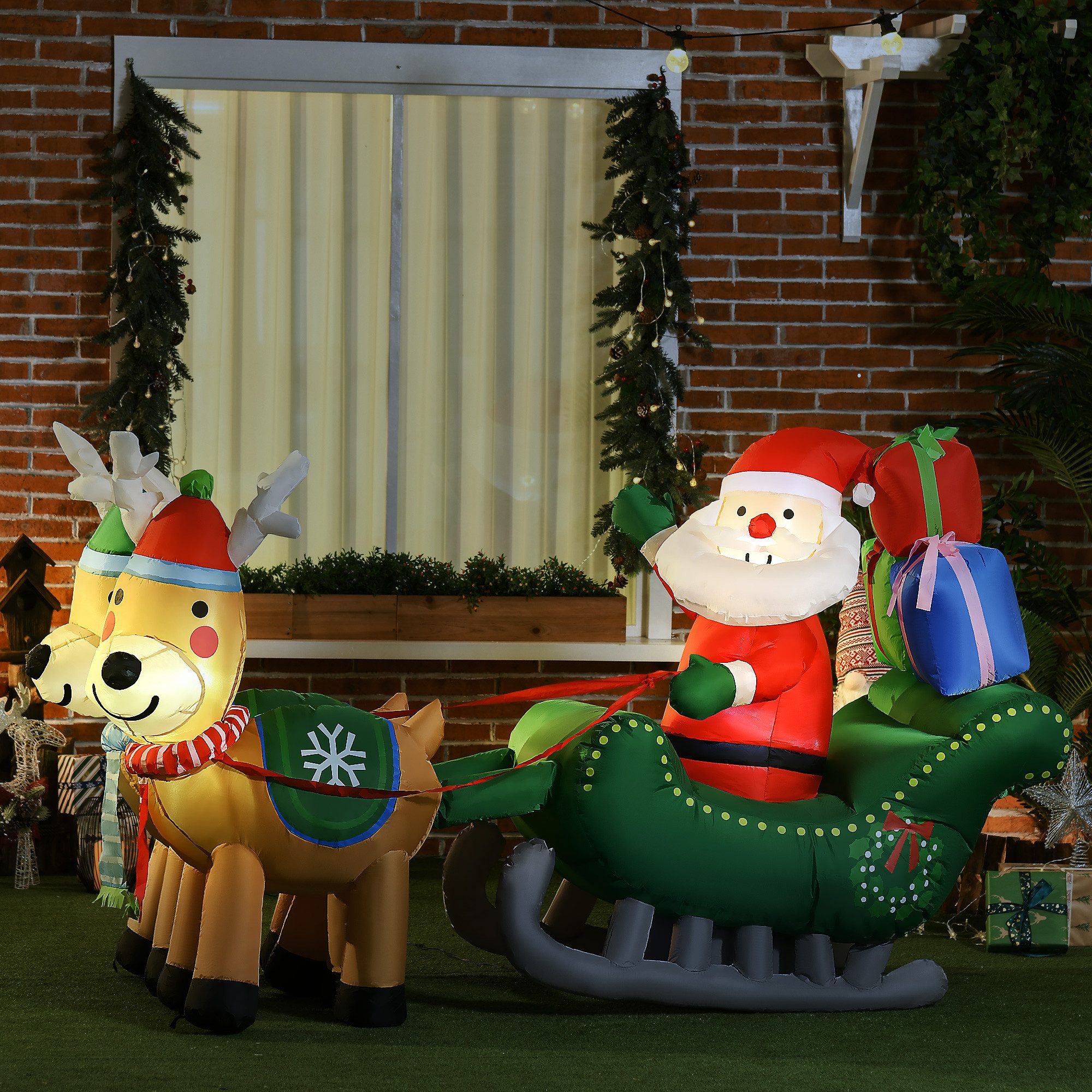 HOMCOM Weihnachtsfigur Weihnachtsmann auf Schlitten mit LED-Lichtern für Weihnachten (Aufblasbare Weihnachtsdeko, 1 St., Aufblasbare Weihnachtsdekoration), Mehrfarbig 210 x 70 x 125 cm