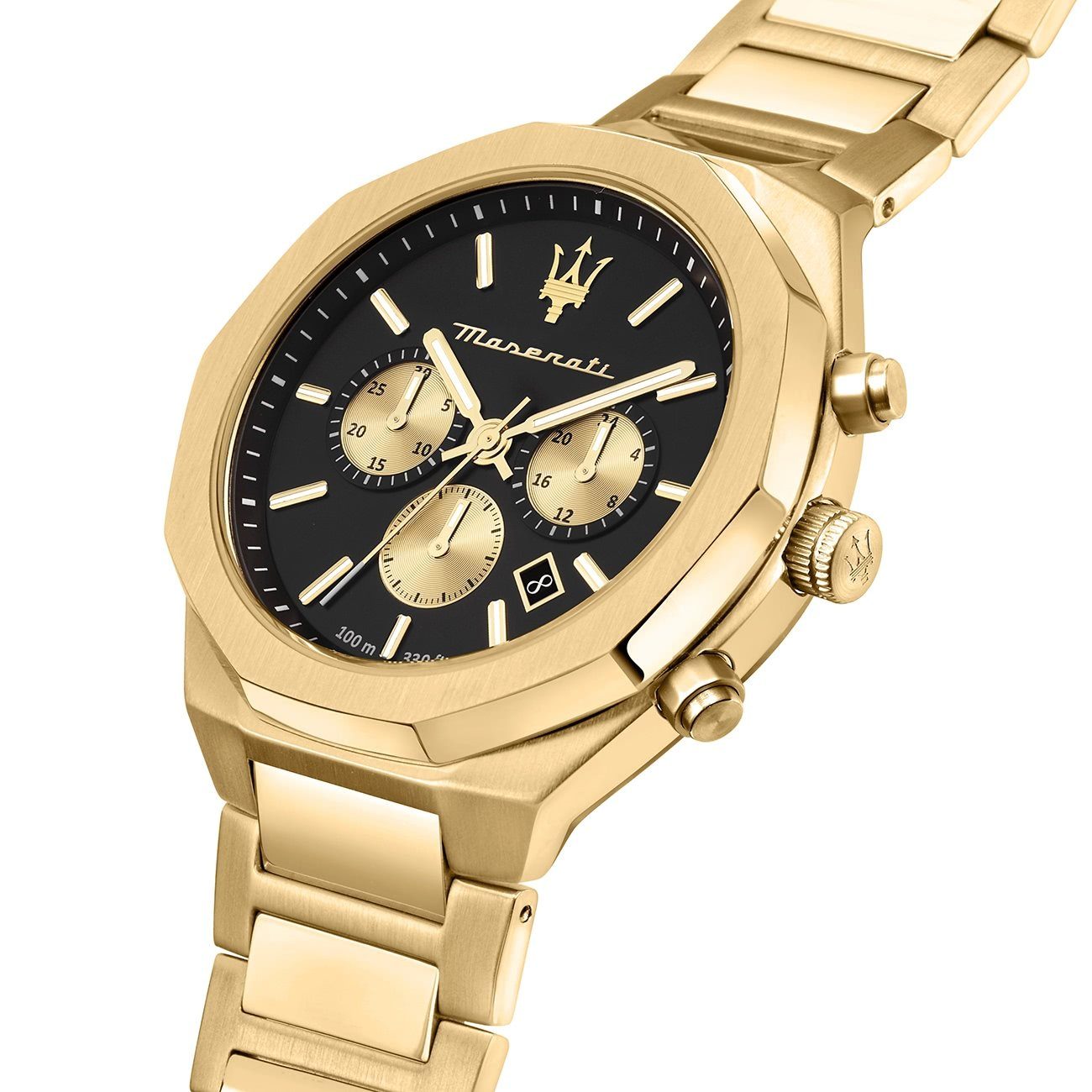 rund, gold Chronograph 45mm) Made-In Edelstahlarmband, Maserati (ca. Herren groß MASERATI Herrenuhr Uhr Chronograph, Italy