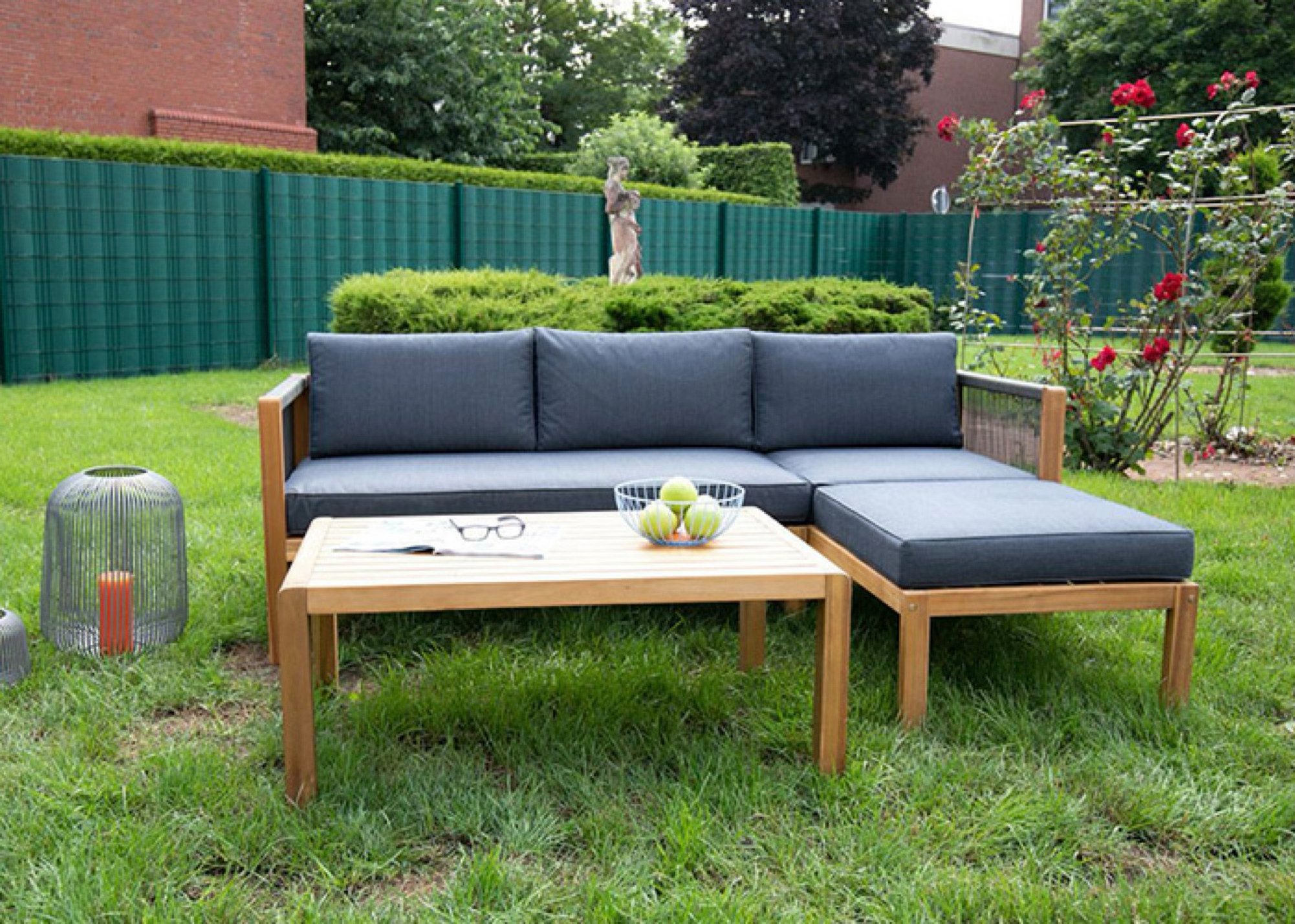 acamp Gartenlounge-Set Akazienholz Loungegruppe 3-teilig, Ottomane, FSC, Couchtisch, (Spar-Set, 3-tlg., 3-teilig: Sofa, Ottomane & Couchtisch), witterungsbeständig, wetterfest, FSC Akazienholz, Ottomane, Outdoor