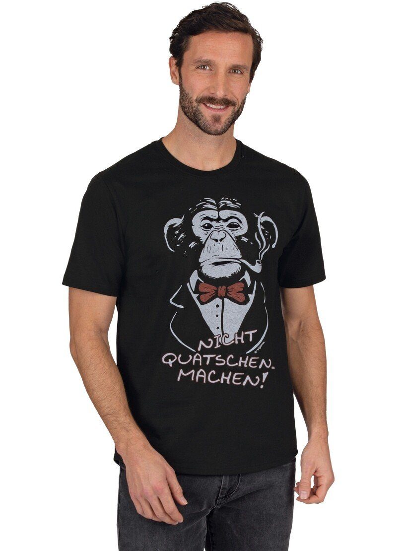 Trigema T-Shirt TRIGEMA T-Shirt mit Affen-Druckmotiv und Spruch schwarz