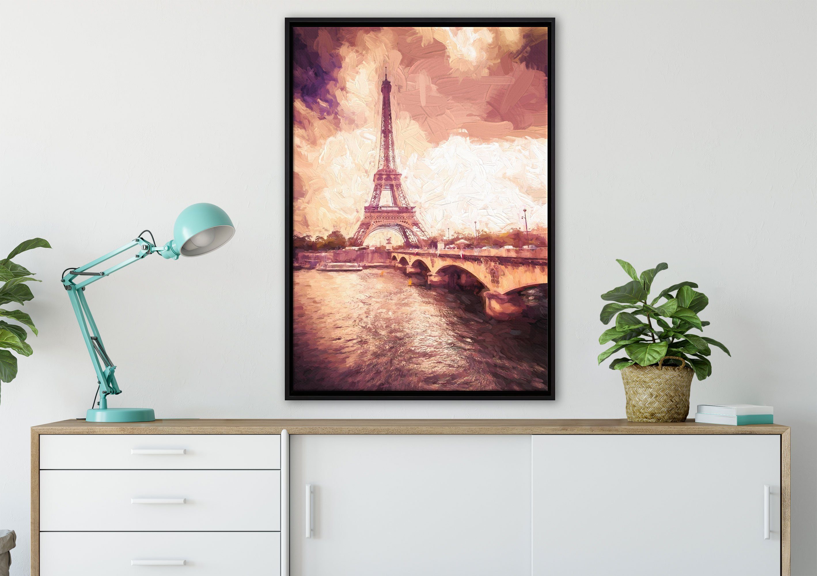 fertig einem bespannt, (1 in Schattenfugen-Bilderrahmen Paris inkl. Leinwandbild Eiffelturm St), Pixxprint Zackenaufhänger Wanddekoration Leinwandbild Kunst, in gefasst,