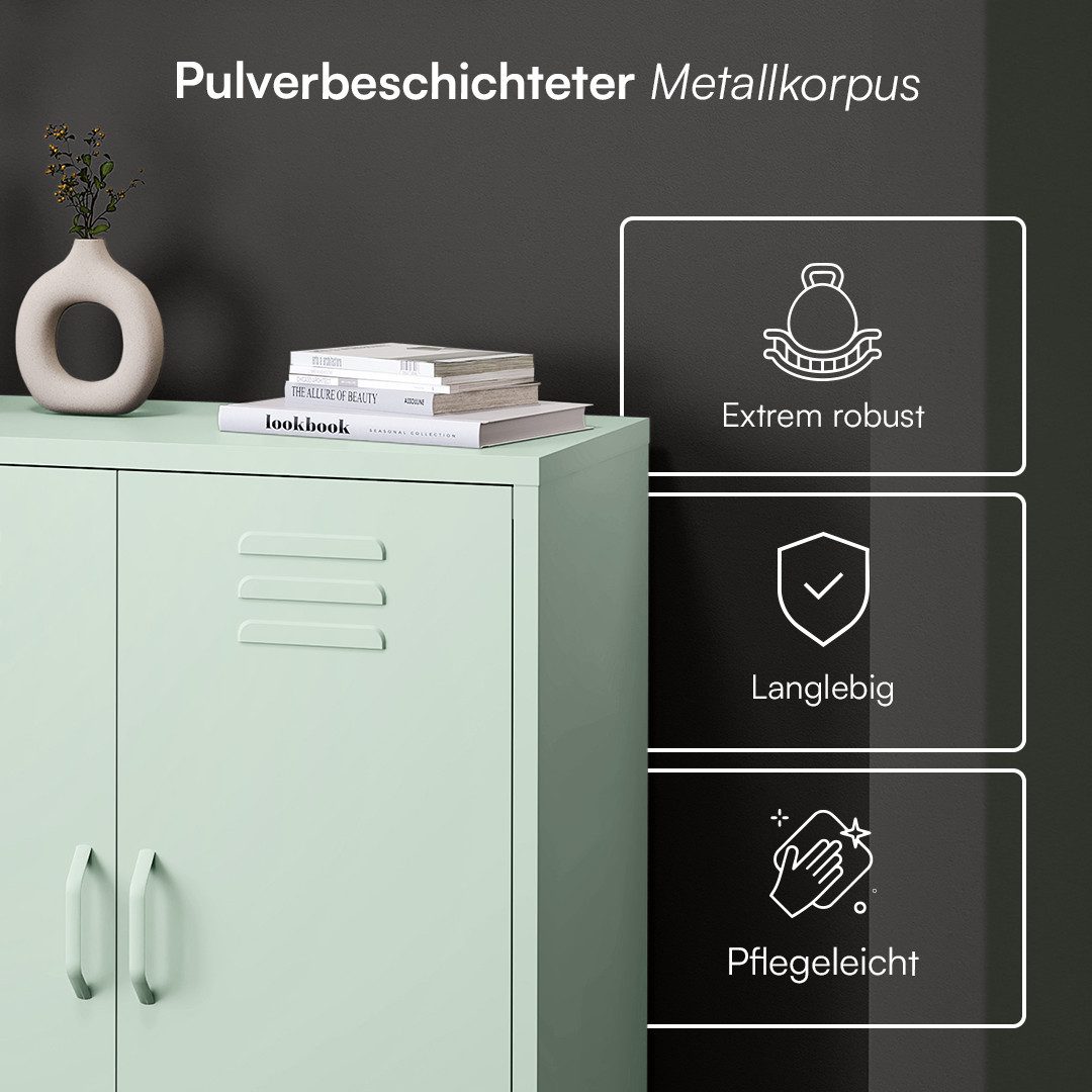 skølm Kommode Atria aus Metall (Pastellgrün, 3 Fächer), höhenverstellbare Böden, Highboard auch verfügbar mit Schubladen