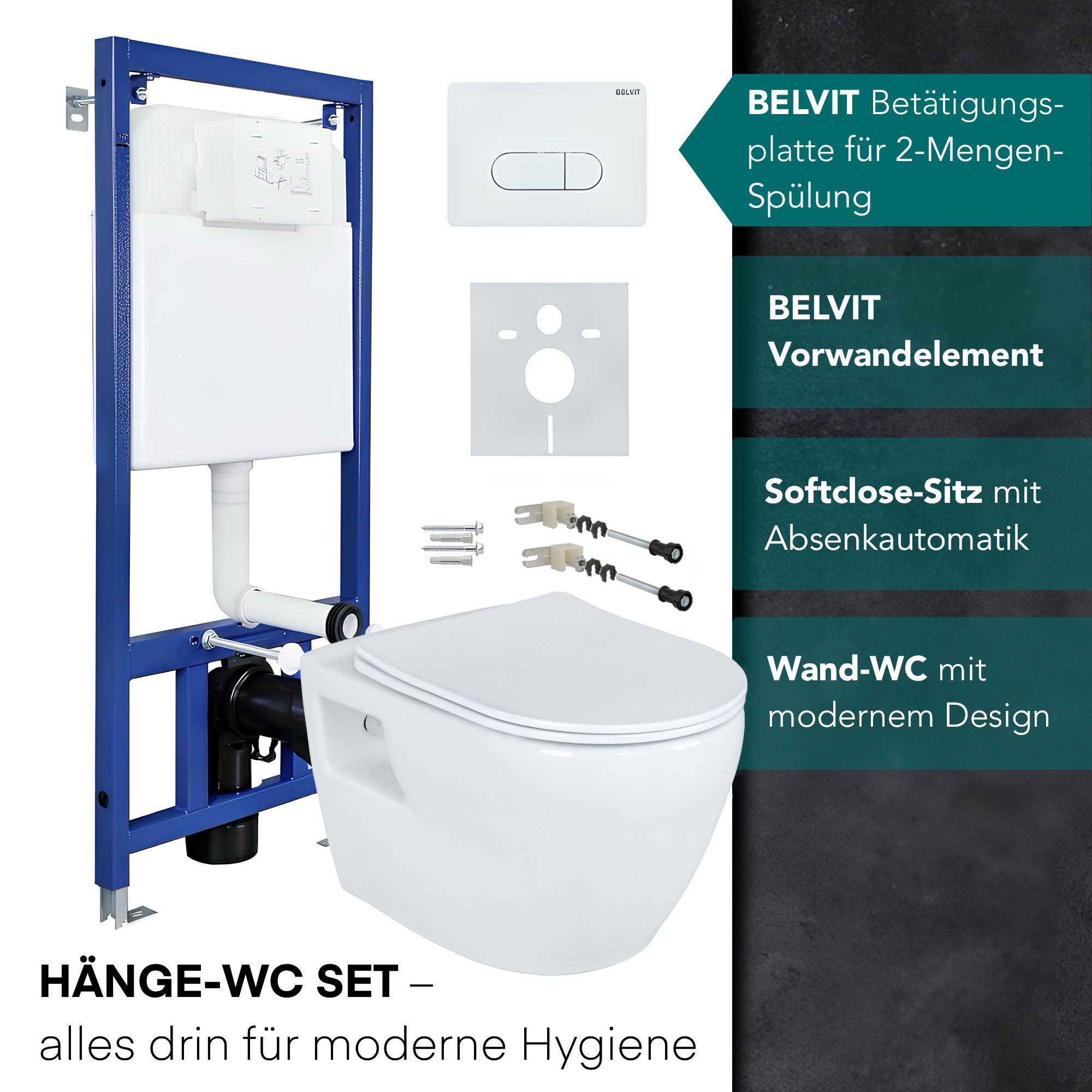 Belvit WC-Komplettset mit Wand-WC in schwarz & weiß, Vorwandelement & Soft- günstig online kaufen