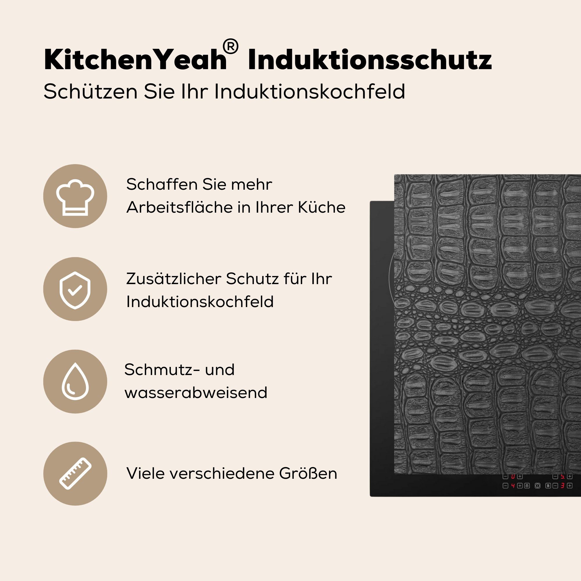 (1 küche - Arbeitsplatte 78x78 Tierhaut, Vinyl, Induktionsschutz Schwarz- MuchoWow Ceranfeldabdeckung, - Leder Herdblende-/Abdeckplatte tlg), cm, für