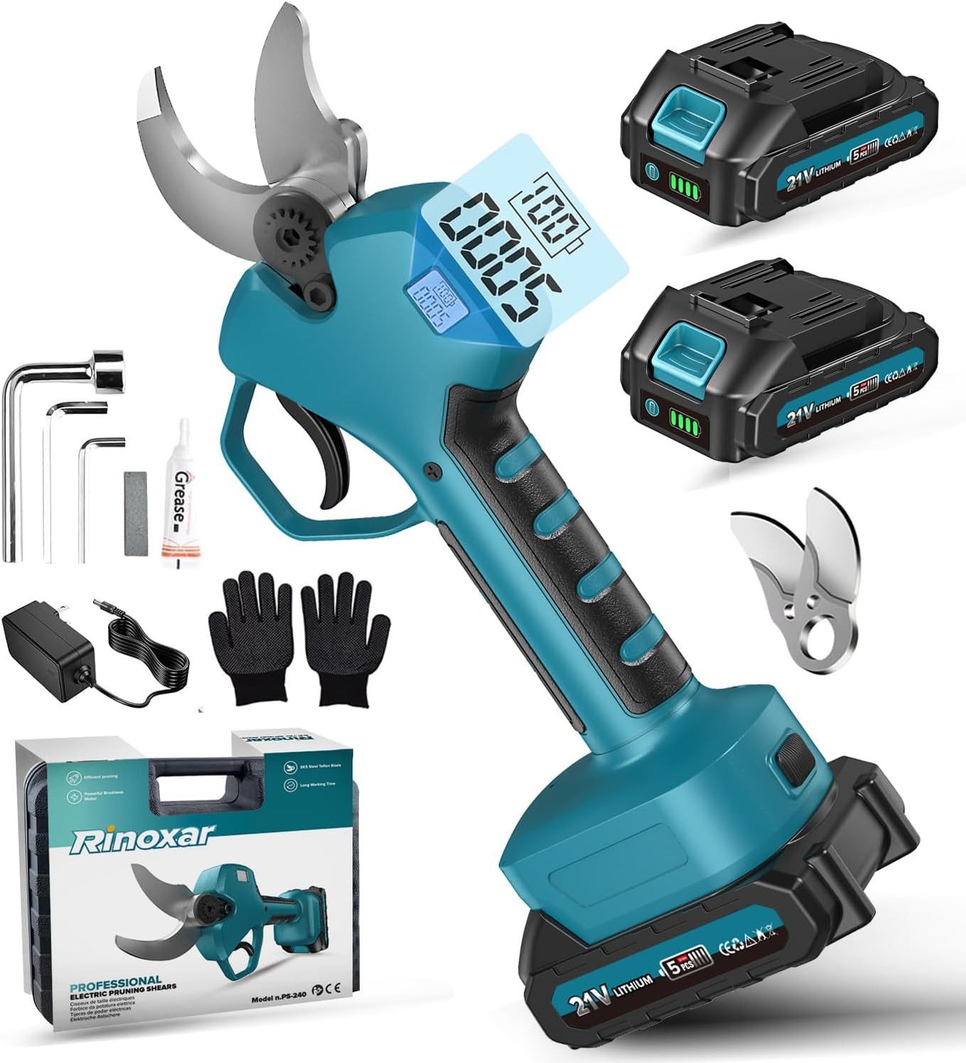 Rinoxar Akku-Astschere 40mm Akku Astschere, Elektrische Gartenschere mit 2x2000mAh Batterien, Bürstenloser Motor, Elektrische Baumschere für Garten Äste Obstgärten