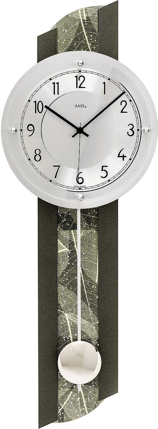 AMS Wanduhr moderne Pendeluhr mit Natur-Baumblatteinlage - AMS Modell: 5324