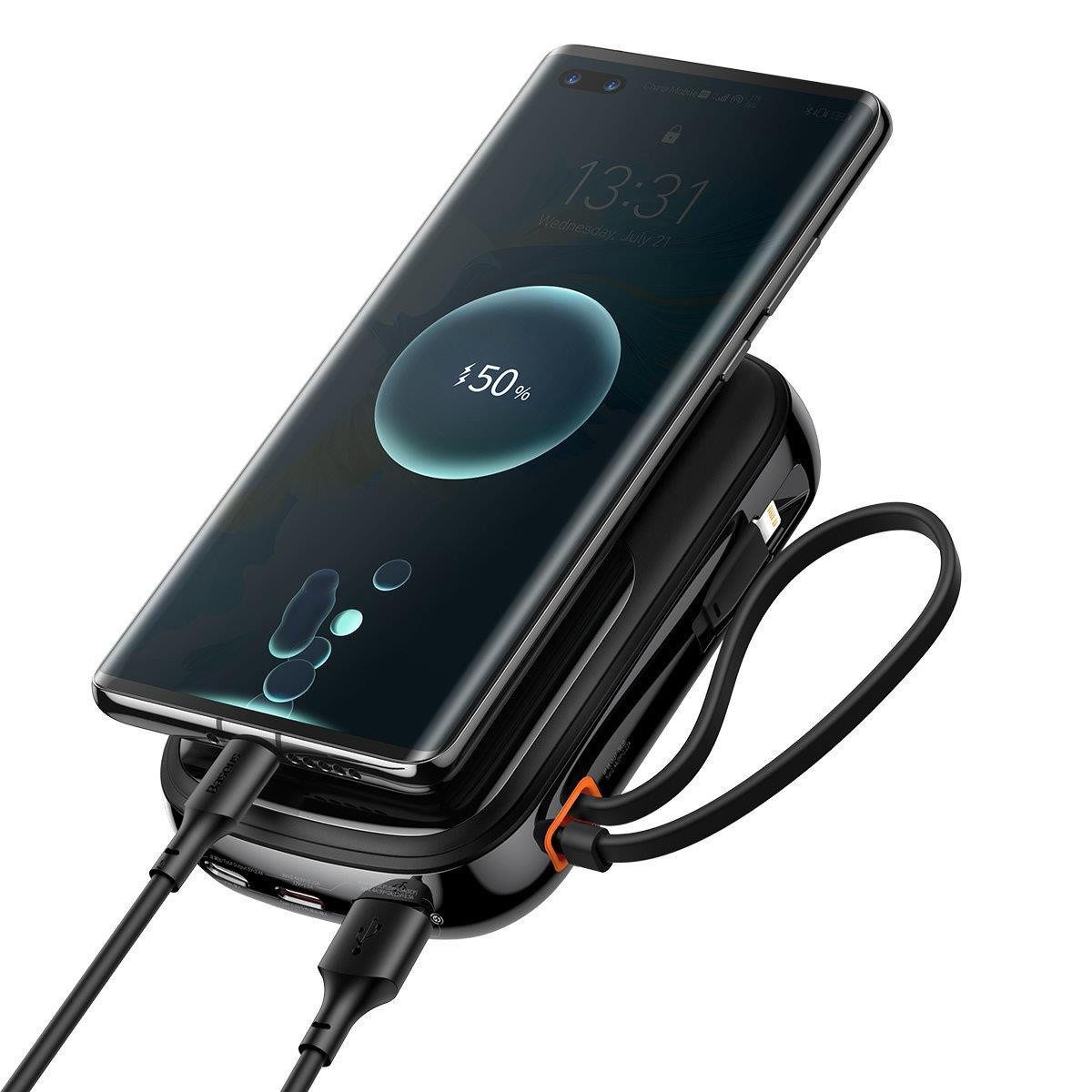 Baseus Qpow Powerbank 20000 mAh 20 W mit integriertem iPhone-Kabel, schwarz Powerbank