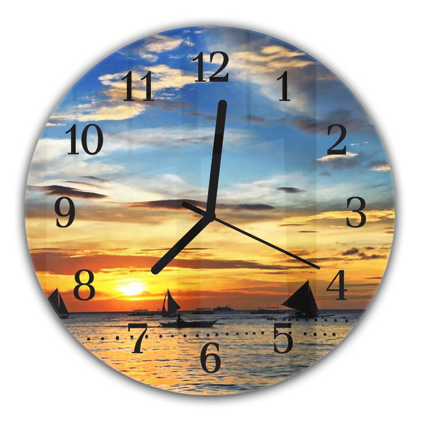 Primedeco Wanduhr Wanduhr aus Glas 30 cm Rund Sonnenuntergang im - mit Durchmesser und Segelschiffe Quarzuhrwerk Motiv mit