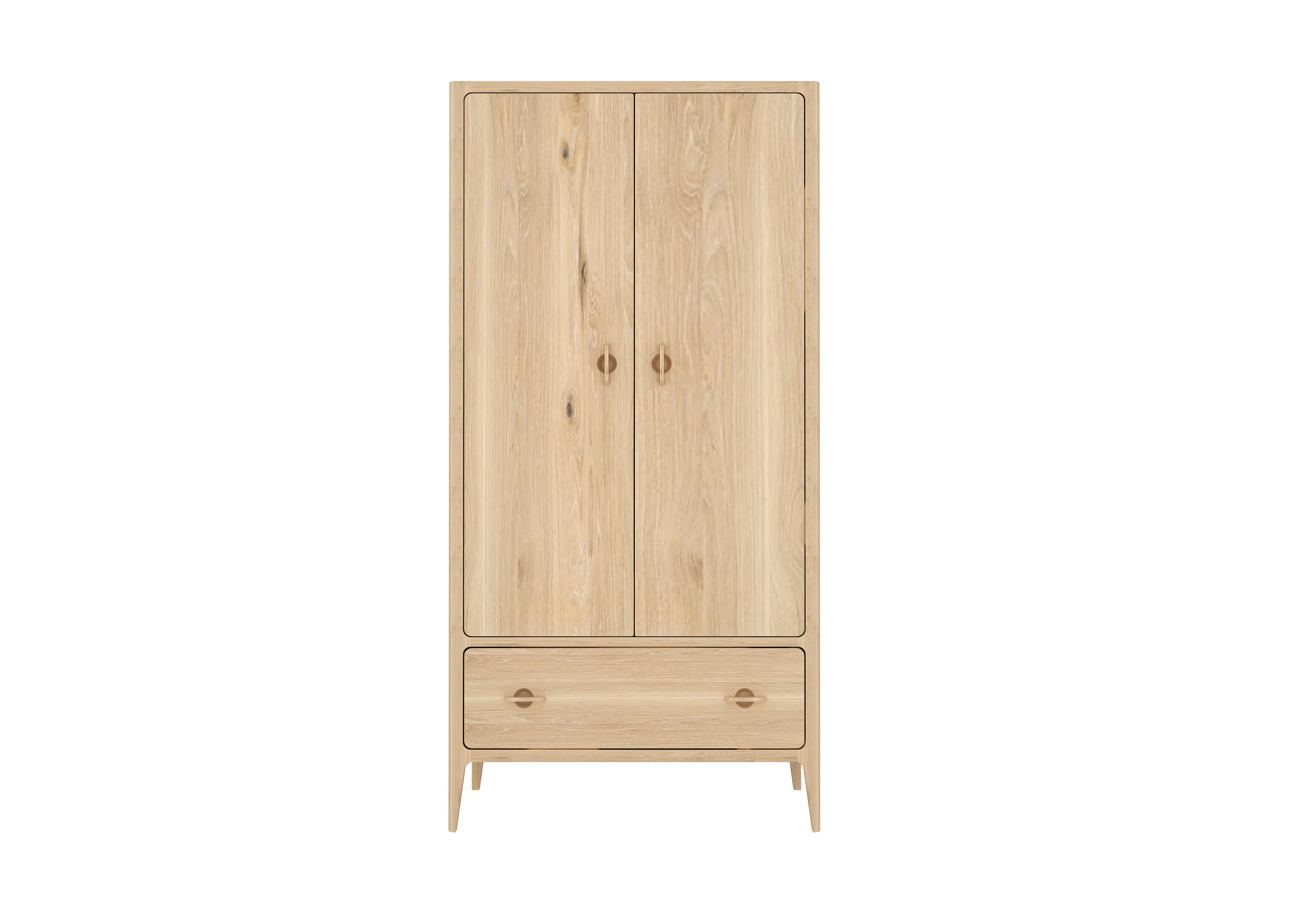 Woodek Design Kleiderschrank Elin 2 Türen, aus massiver Eiche, weiß geölt (Metalllaufleisten für die Schublade, 1-St., sanft gerundeten Kanten) Retro-Touch
