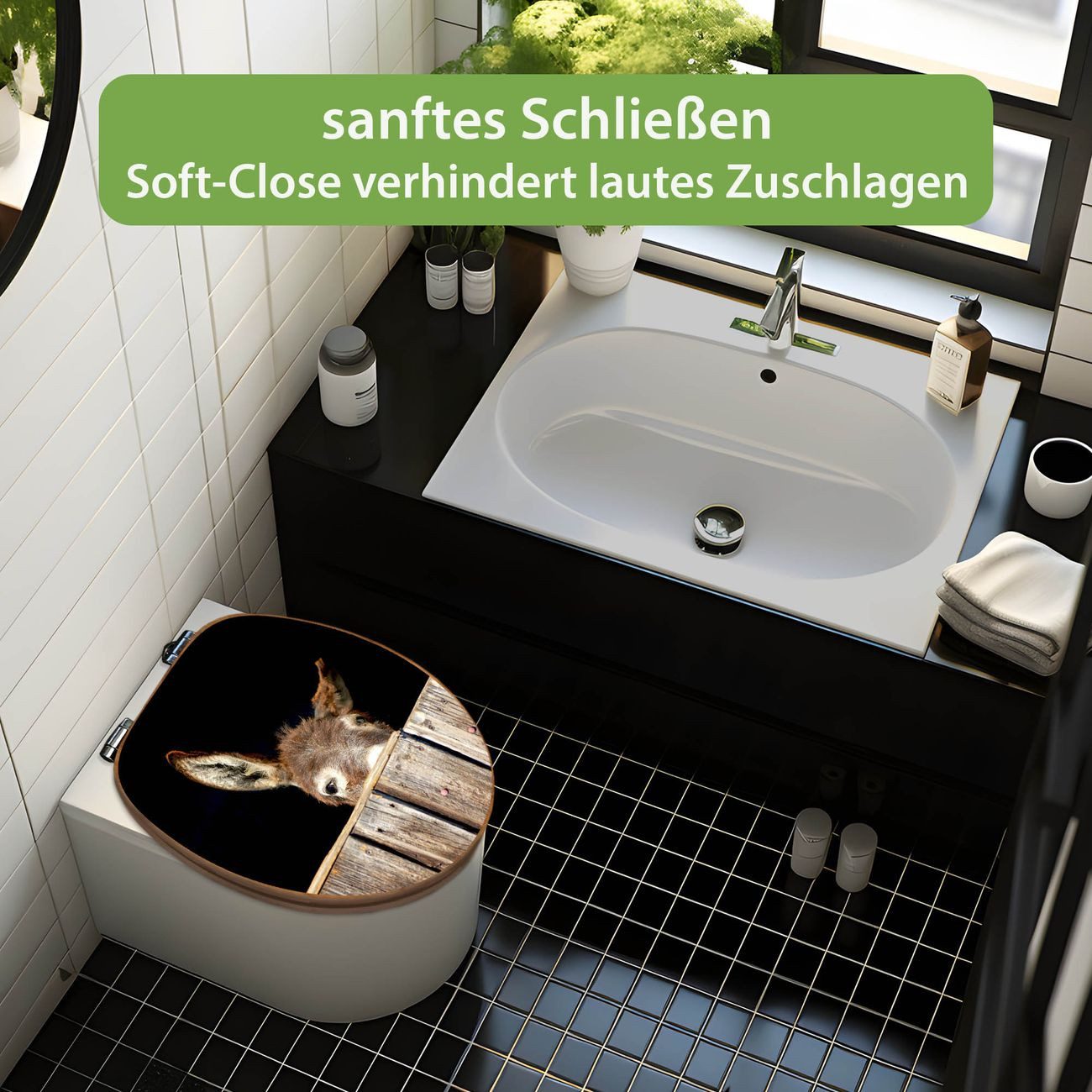 banjado WC-Sitz aus Bambus mit Absenkautomatik Motiv Esel (umweltfreundliches Material, integrierte Absenkautomatik), 45,8 x 37,5 x 5 cm