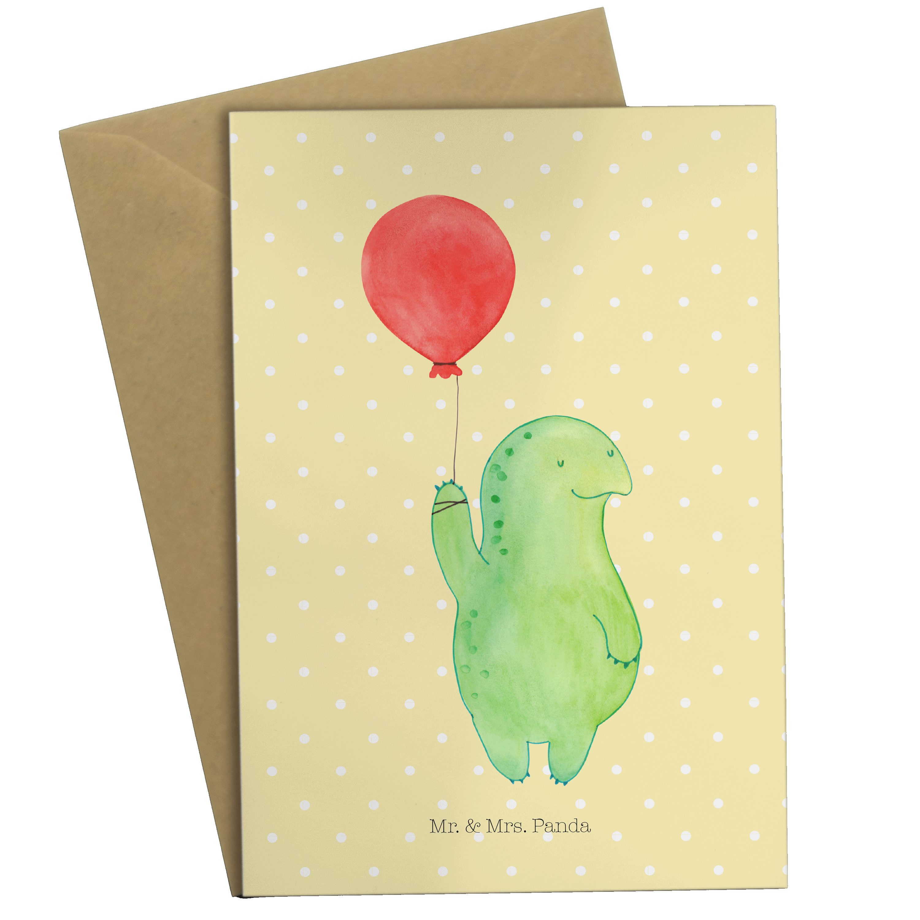 Mr. & Mrs. Panda Grußkarte Schildkröte Luftballon - Gelb Pastell - Geschenk, Einladungskarte, Ge