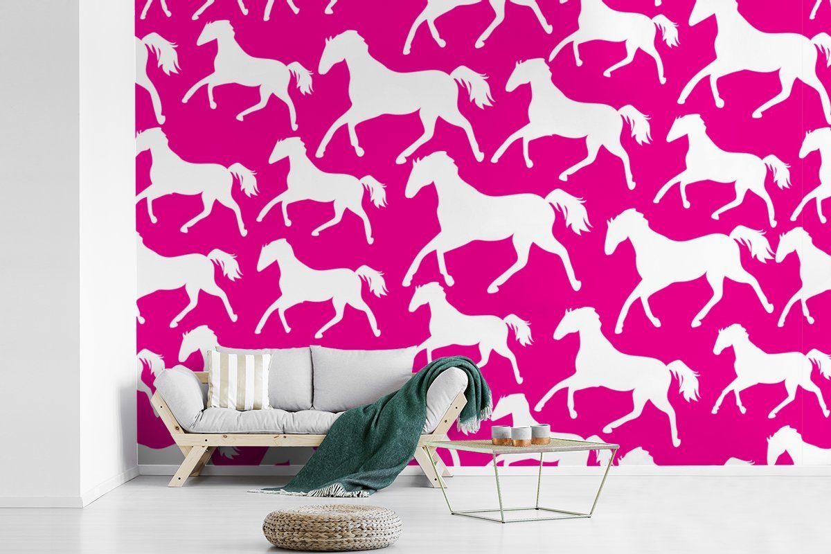 Mädchen, Mädchen Fototapete - - Weiß Kinderzimmer, bedruckt, Kinder St), Pferde Wohnzimmer, - Wallpaper für - Tiere Matt, (6 Tapete MuchoWow Vinyl Schlafzimmer, -