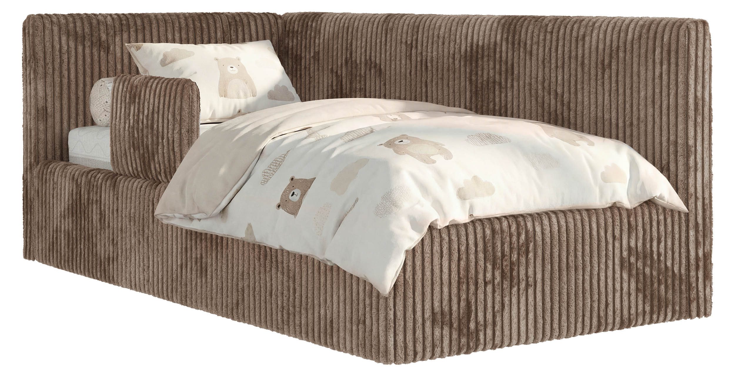 MKS MÖBEL Kinderbett TILVO ALTA (Set, Cordstoff Bett, inkl. Lattenrost, Bettkasten, Sicherheitsbarriere & Kopfteil), Eckbett mit Stauraum, Rausfallschutz & Gasdruckfedern