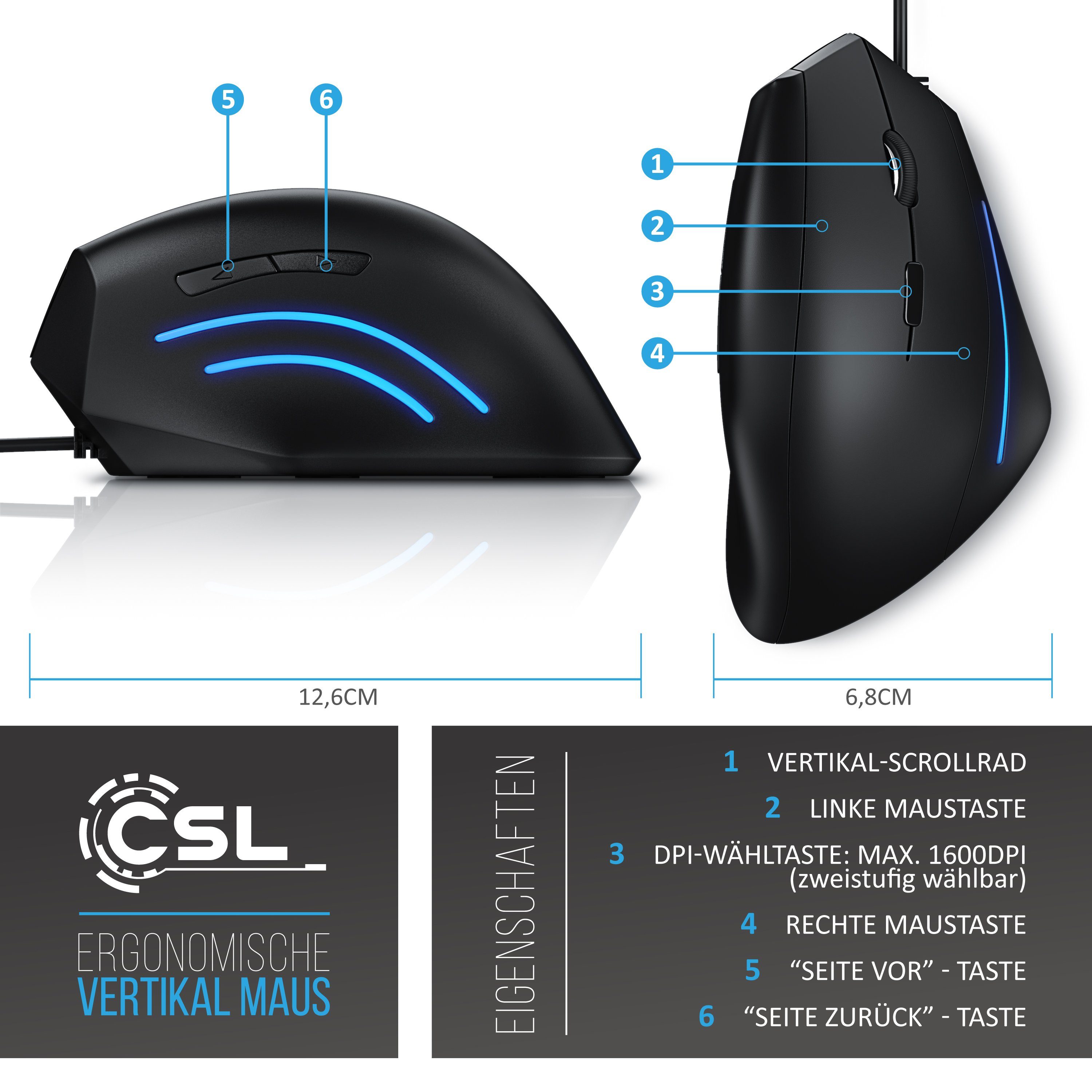 CSL ergonomische Maus (kabelgebunden, ergonomische Vertikalmaus zur Vorbeugung von Maus-/Tennisarm)