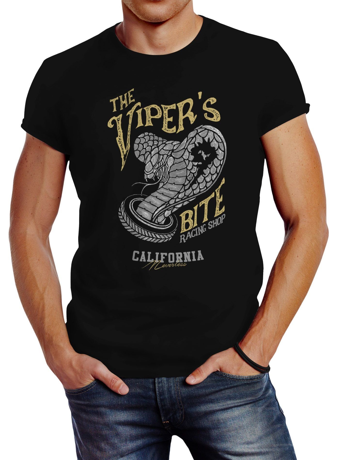 T-Shirt Neverless® Klapperschlange Tatto Neverless Slim Shop Style Vipers Racing The Print-Shirt mit schwarz California Herren Bite Fit Print