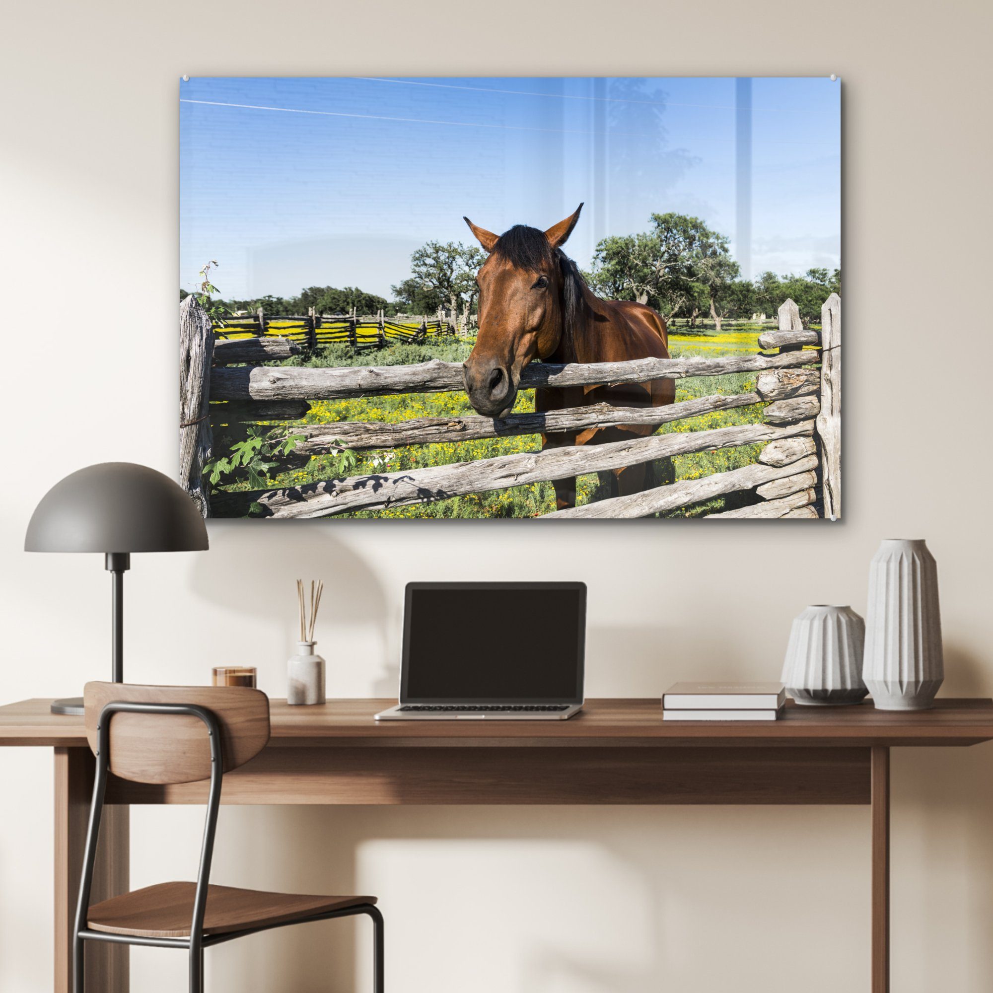 Acrylglasbild Acrylglasbilder & St), - - Wohnzimmer Tiere Zaun, MuchoWow (1 Schlafzimmer Pferde