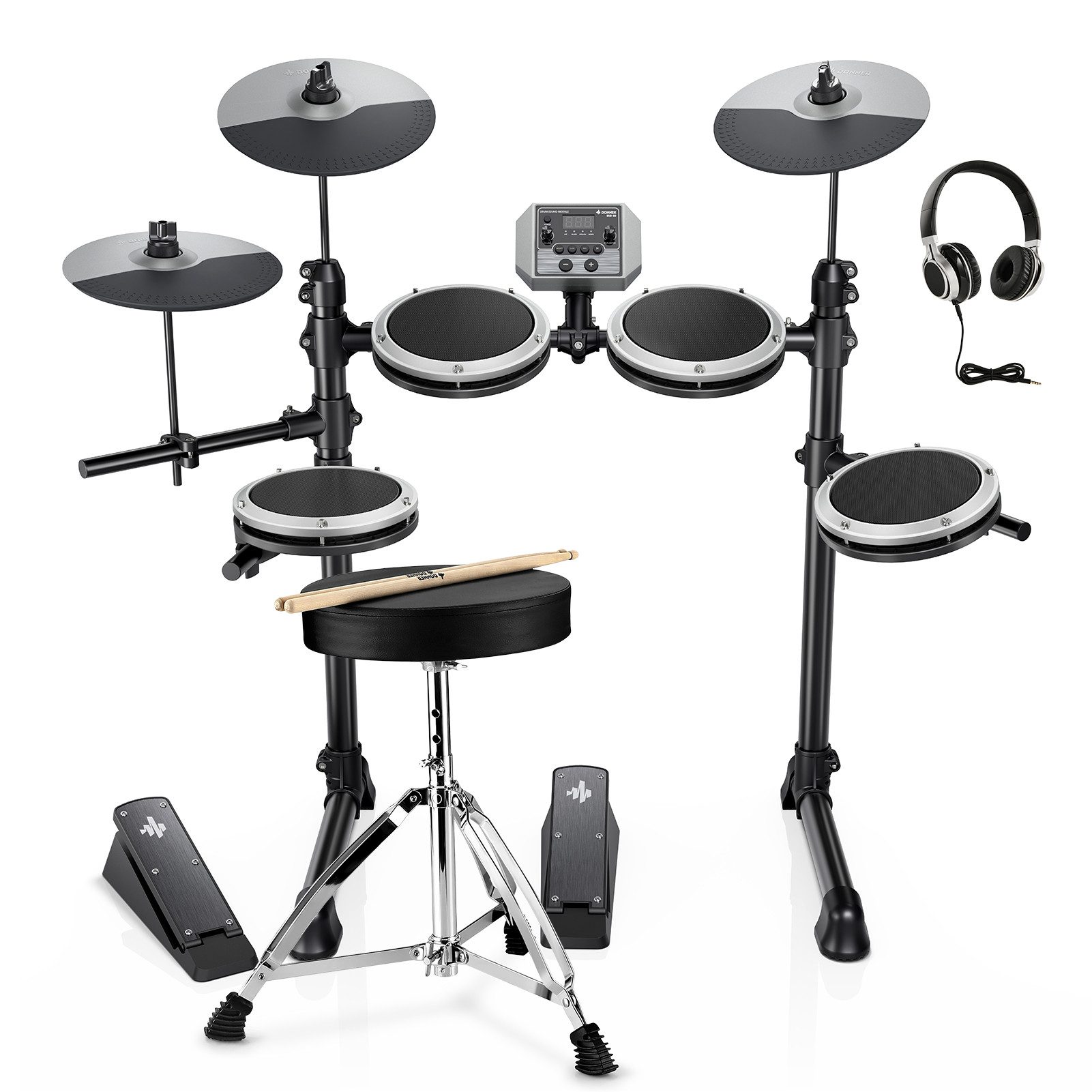 Donner E-Drum E-Schlagzeug 450 Sounds mit Thron Pedale Kopfhörer Unterricht DED-200,Set, Trommelhocker/Drumsticks/Kopfhörer/Audiokabel, 5 Trommeln und 4 Becken