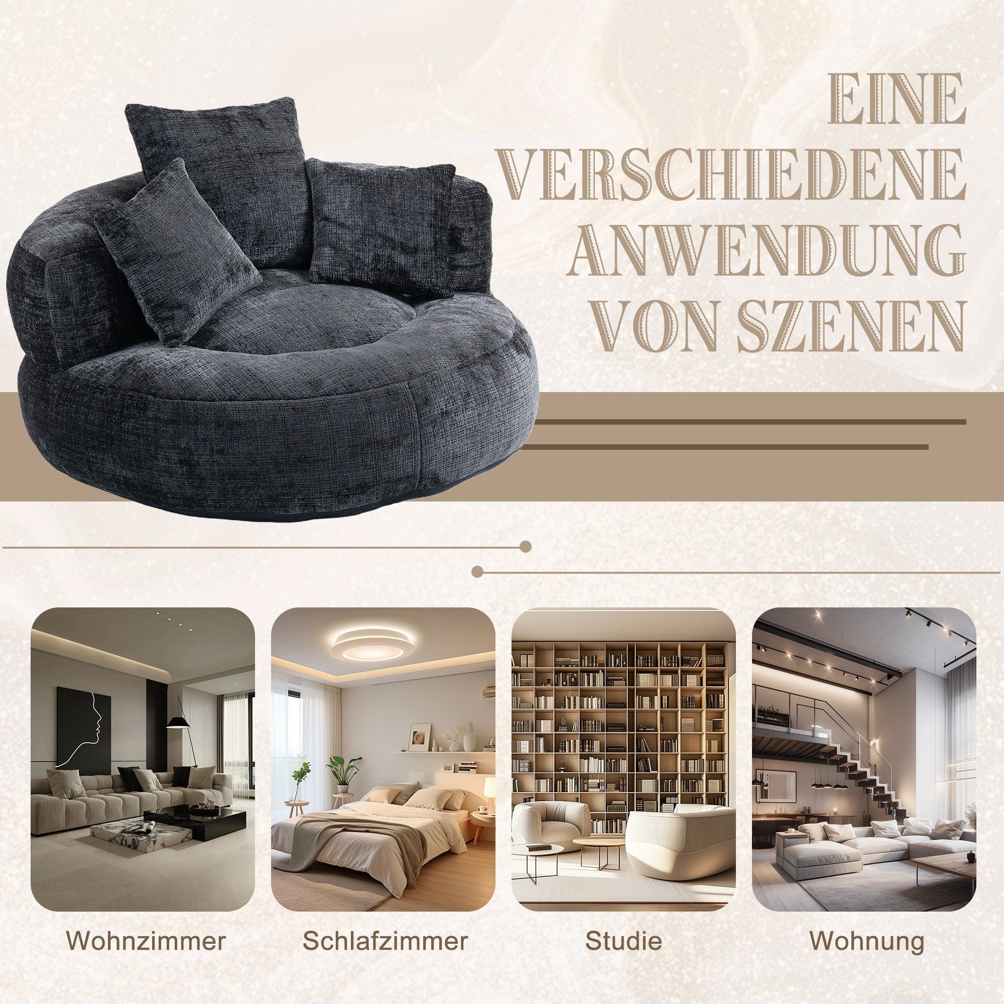 LVHOM Sitzsack 108x108x52cm Chenille Premium Sofa mit 3 extra Kopfkissen (Kuschelig & Atmungsaktiv, Einzelsitzer-Lounge, komplett komprimiert geliefert. Perfekt für Ruhe, Lesen, Gaming & Nickerchen. Ideal für Wohnzimmer, Schlafzimmer, Spielzimmer & Office, Belastbar bis 150kg. Nettogew. 20,5kg), Memory Foam Split, Selbstaufrichtung <3 Tage, Maximaler Liegekomfort