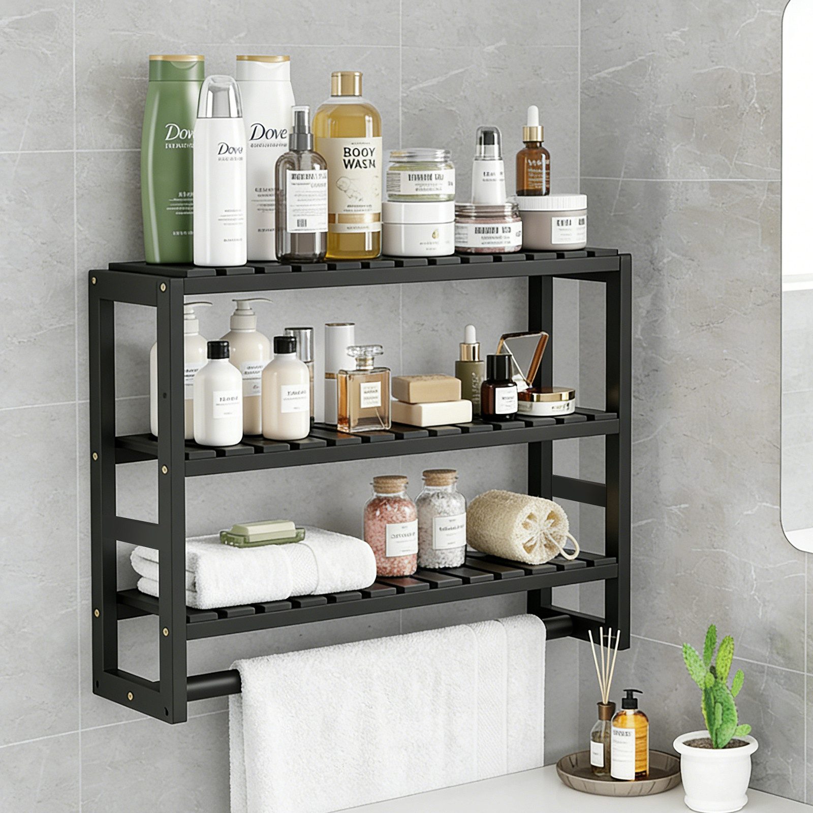 BlingBin Badregal Bambus Badezimmerregal mit 3 Ablagen und Handtuchstange, Wandmontage, Wandregal, 3 Ebenen Regal, Badezimmer Organizer, Bad Organizer 1-tlg., 4 – Bild 2 von 5
