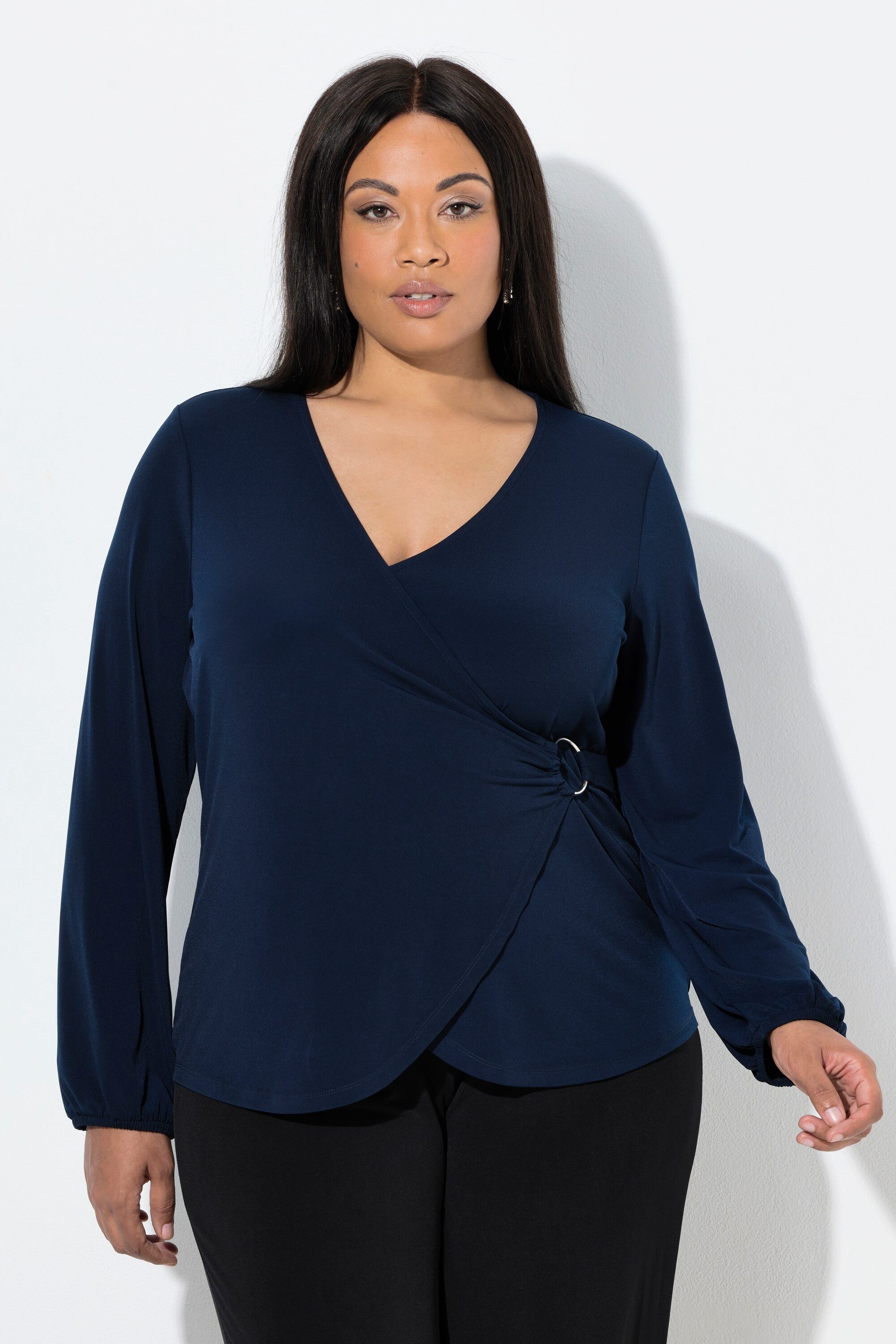 Ulla Popken T-Shirt Shirt Wickeloptik V-Ausschnitt Langarm günstig online kaufen