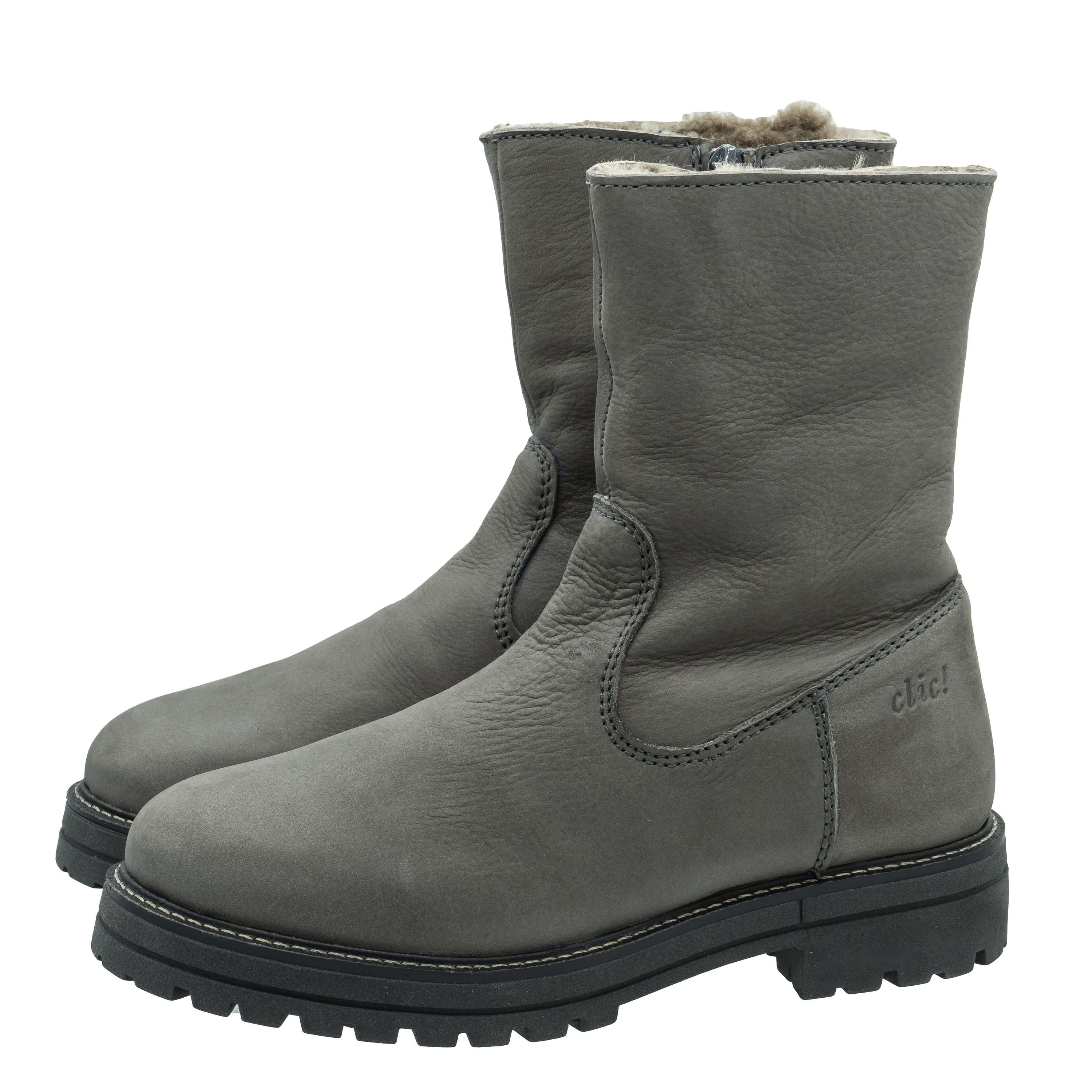 Clic Clic Stiefel Leder Damen Teens Ботинки 20440 Lammfellfutter Grau Schnürstiefelette