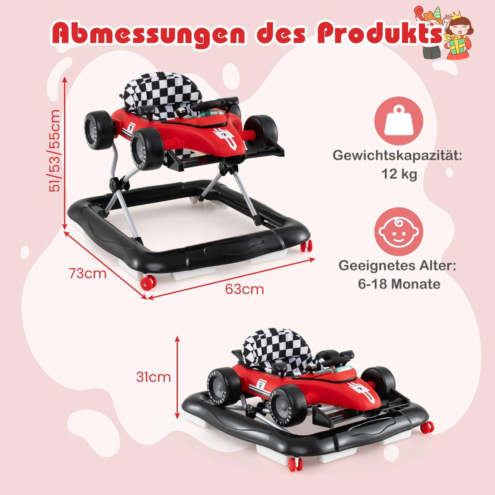 COSTWAY Lauflernhilfe, 4 in 1 Lauflernwagen mit Lenkrad & Spieluhr