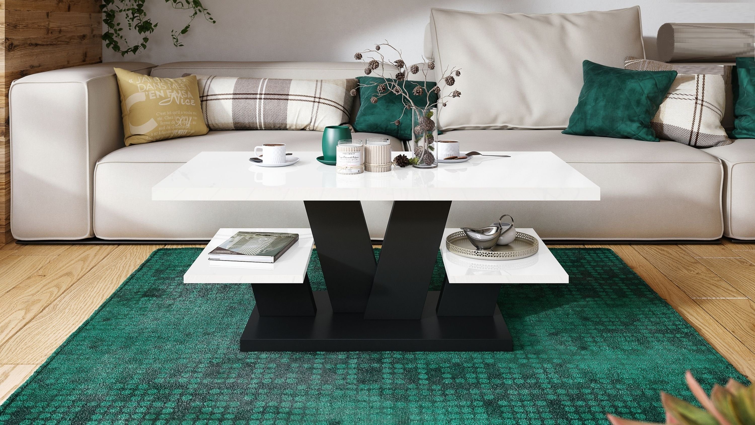 Hochglanz Ablagefläche Viva Design cm designimpex Couchtisch 110x60x45 / mit matt Wohnzimmertisch Schwarz Weiß Tisch