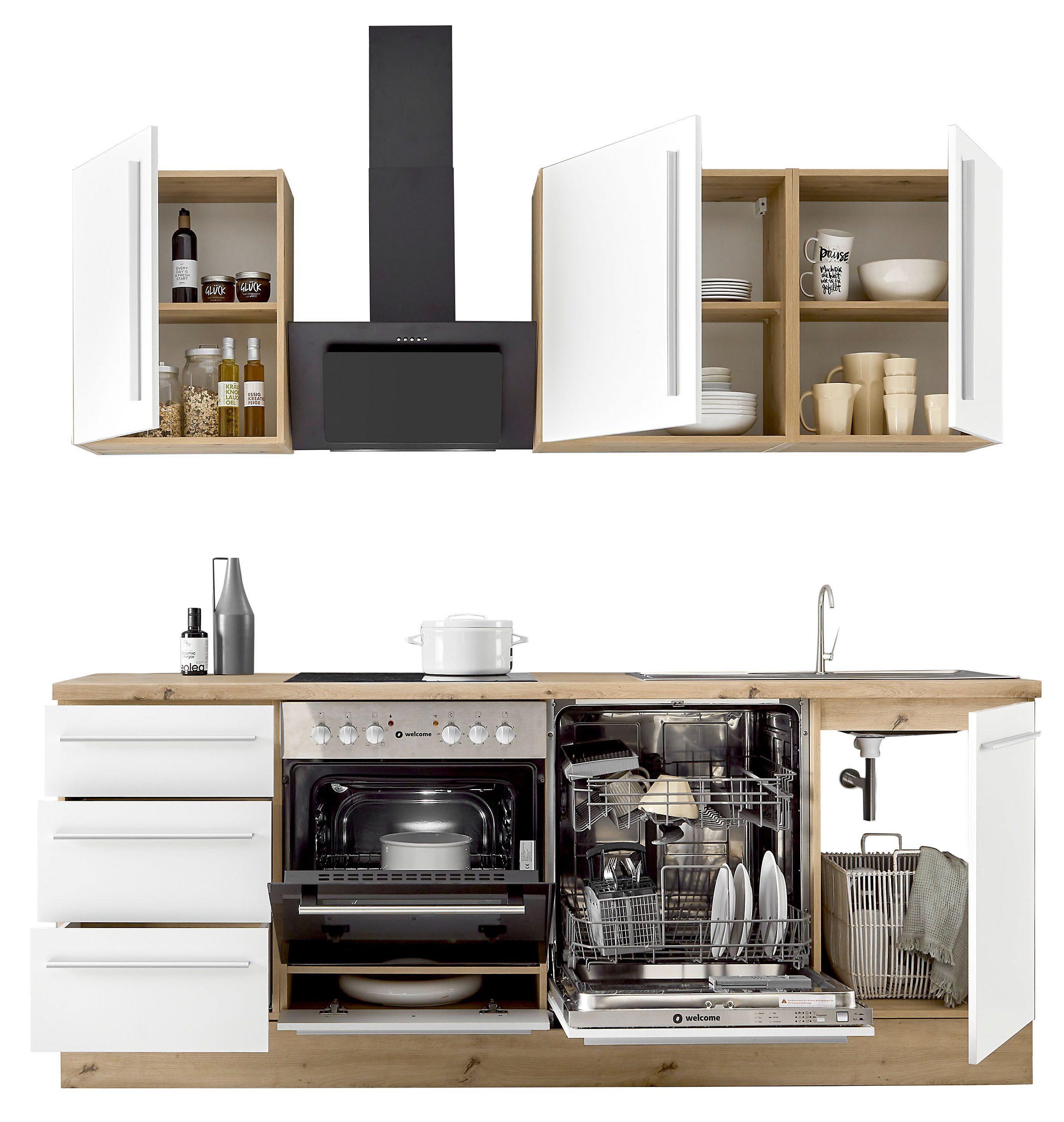 KOCHSTATION Küchenzeile KS-Florida mit 38mm starker Arbeitsplatte, Breite 220 cm, wahlweise mit E-Geräten, Soft-Close-Funktion
