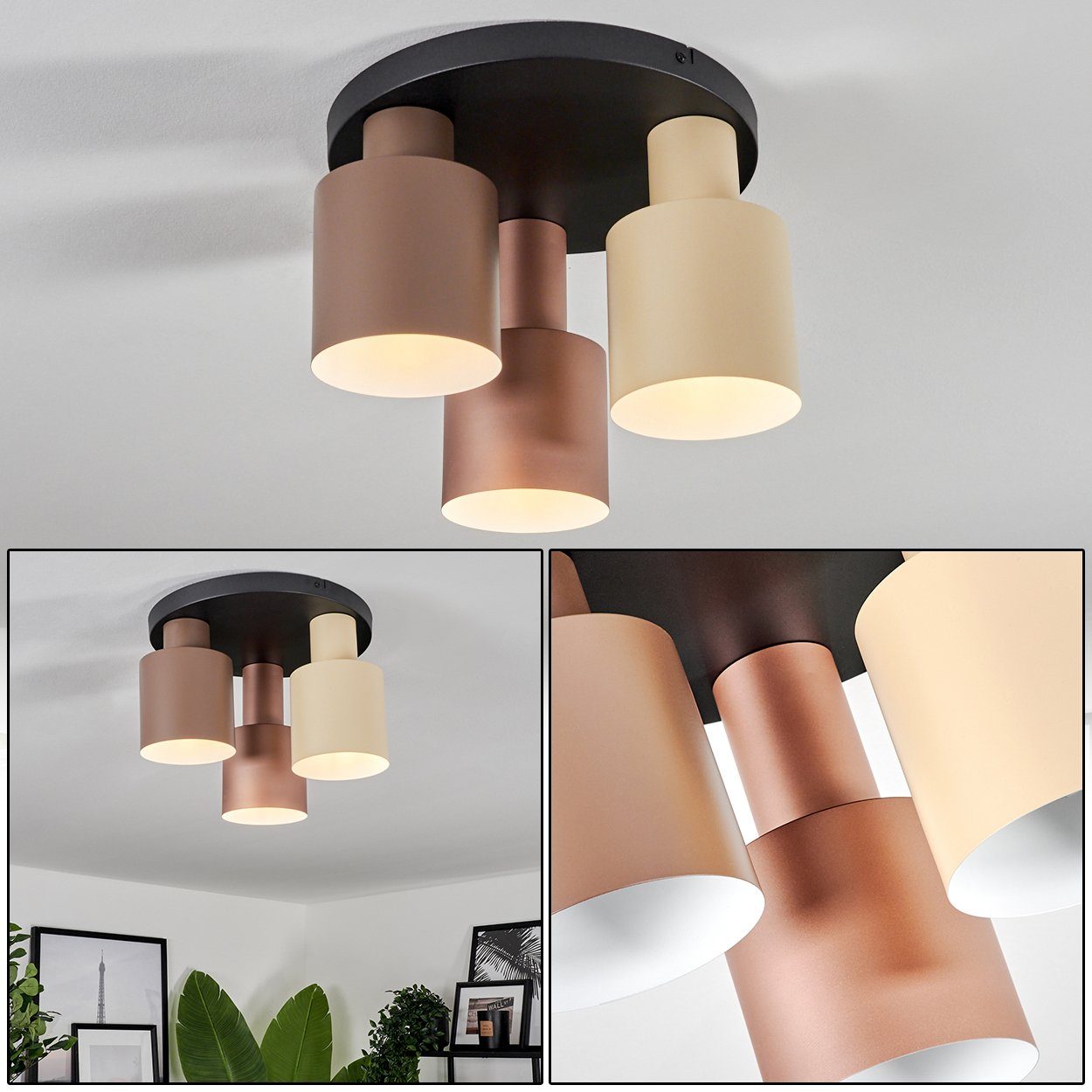 hofstein Deckenleuchte Deckenlampe aus Metall in  Schwarz/Beige/Bronzefarben/Braun/Weiß, ohne Leuchtmittel, Deckenleuchte mit  runden Schirmen (12cm), 3x E27, ohne Leuchtmittel