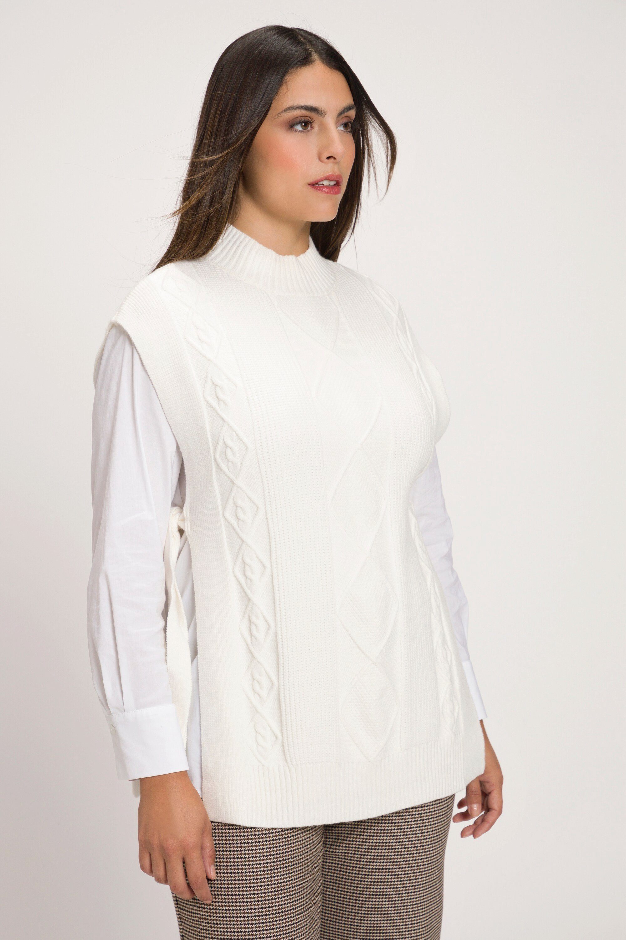 Bindeband Zopfmuster Stehkragen Popken Pullunder offwhite Ulla ärmellos Strickpullover