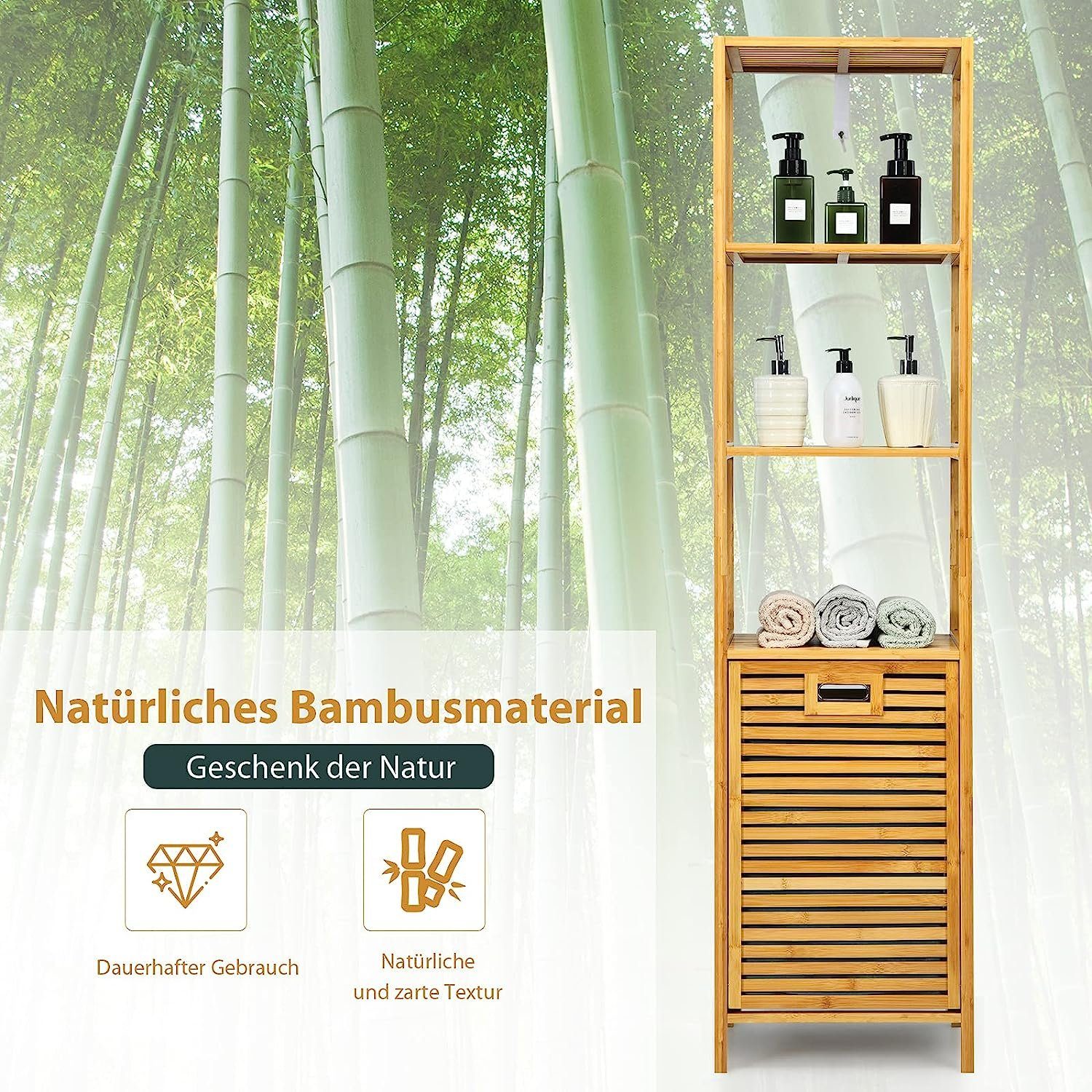 KOMFOTTEU Hochschrank Badschrank mit offenen Fächern, Bambus 3 aus